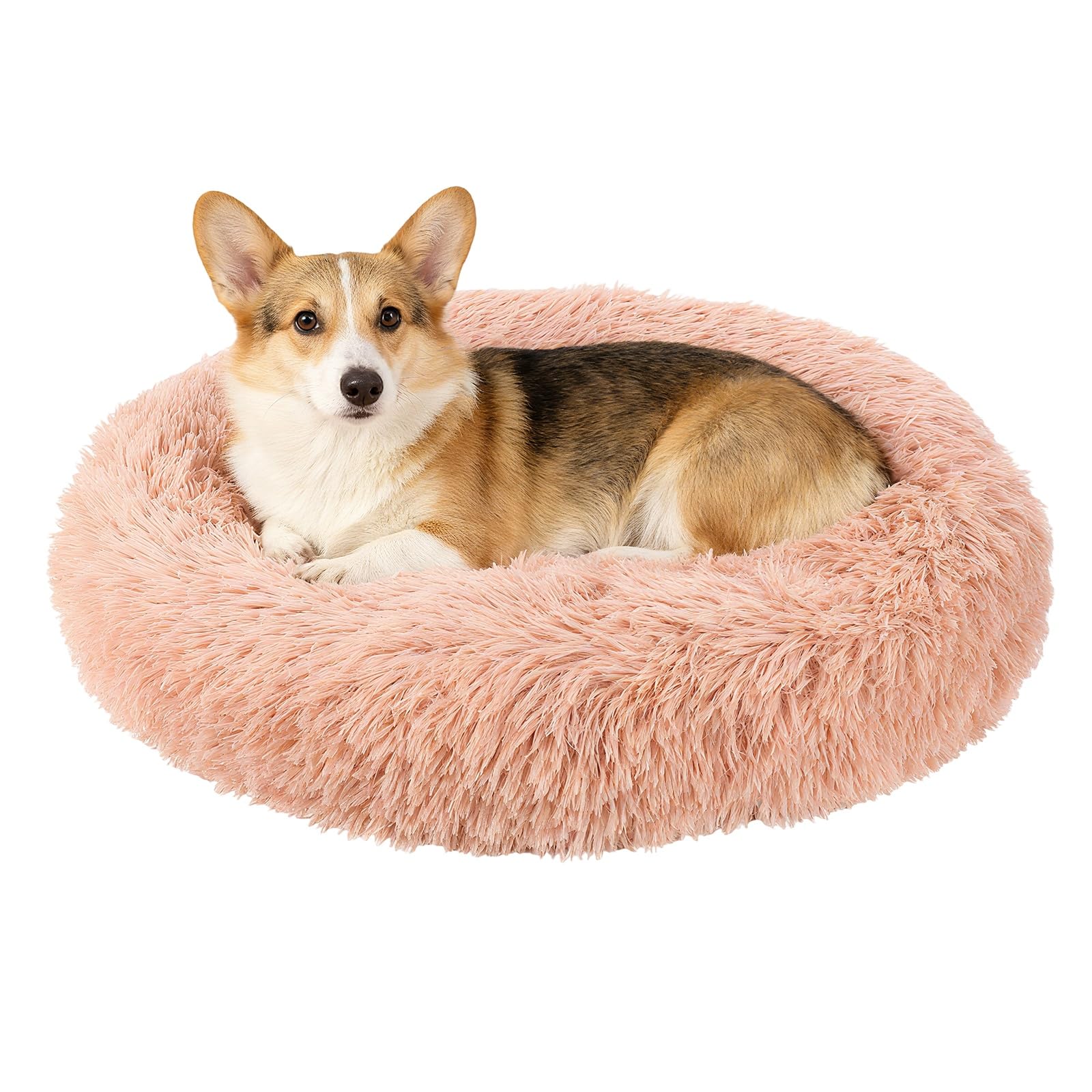sourcing map Cat Dog Bed, Round and Soft Fluffy Donut Plush Pet Bed Anti-Anxiety Pet Cushion 60cm / 23.5 Inches, (Pink), Intended for Small Medium Animals Dogs/Cats