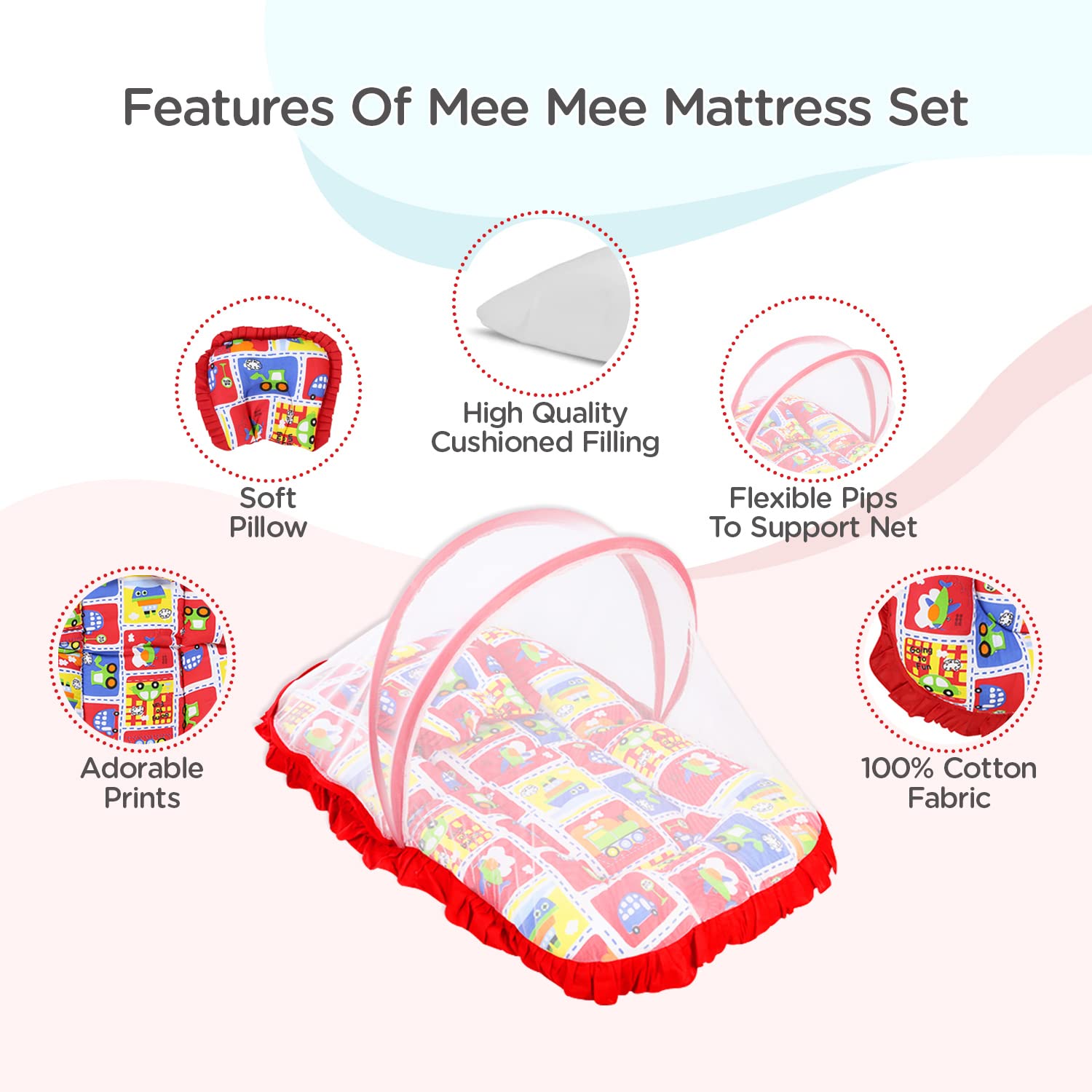 Mee Mee Cushioned Baby Mattress Set with Mosquito Net & Pillow (Red) 1