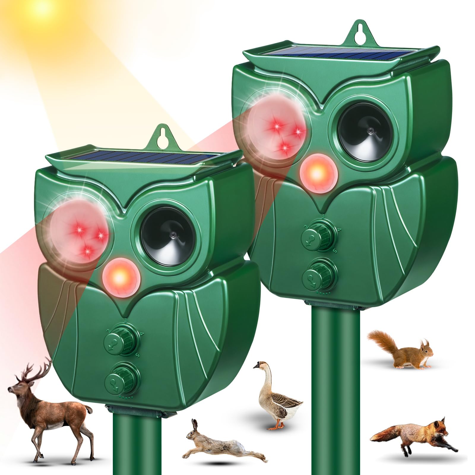 Confezione da 2 repellenti solari ad ultrasuoni per gatti, per esterni, con sensore di movimento, deterrente impermeabile per cervi con luce flash LED, deterrente per cani, scoiattoli, procioni
