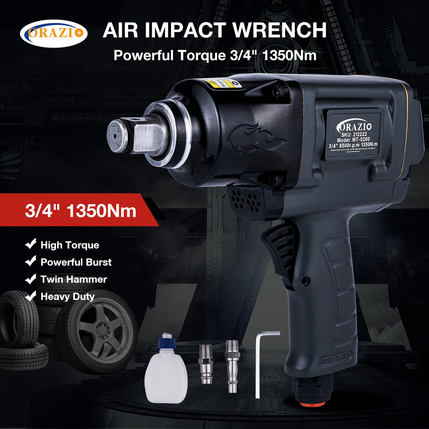 ORAZIO 3/4" Air Impact Wrench 1000Nm, Twin Hammer, Garage Car Truck Wheel Tyre Bolts Removal Installation Pneumatic Tool (Budget) - Image 3