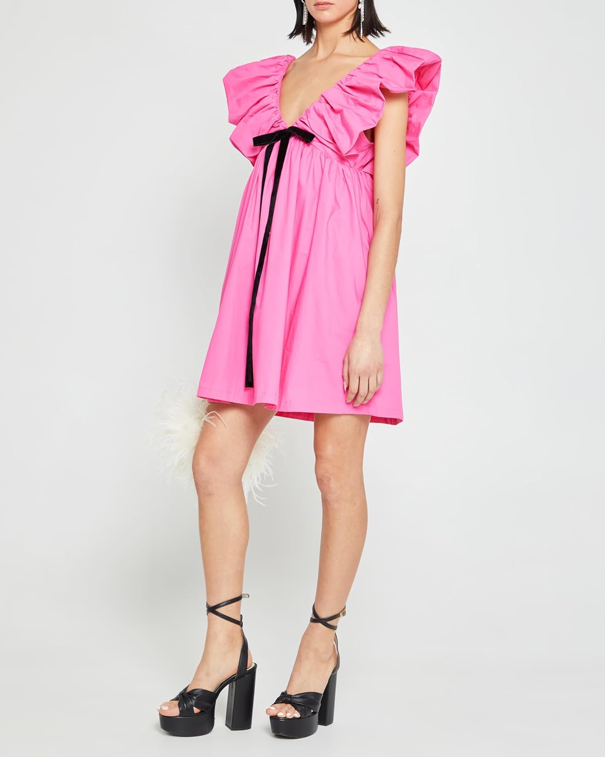 Women's Floral Bow V Neck Babydoll Mini Dress Flower Print Puffy Sleeve Boho Short Casual Loose Flowy Dresses - Image 6