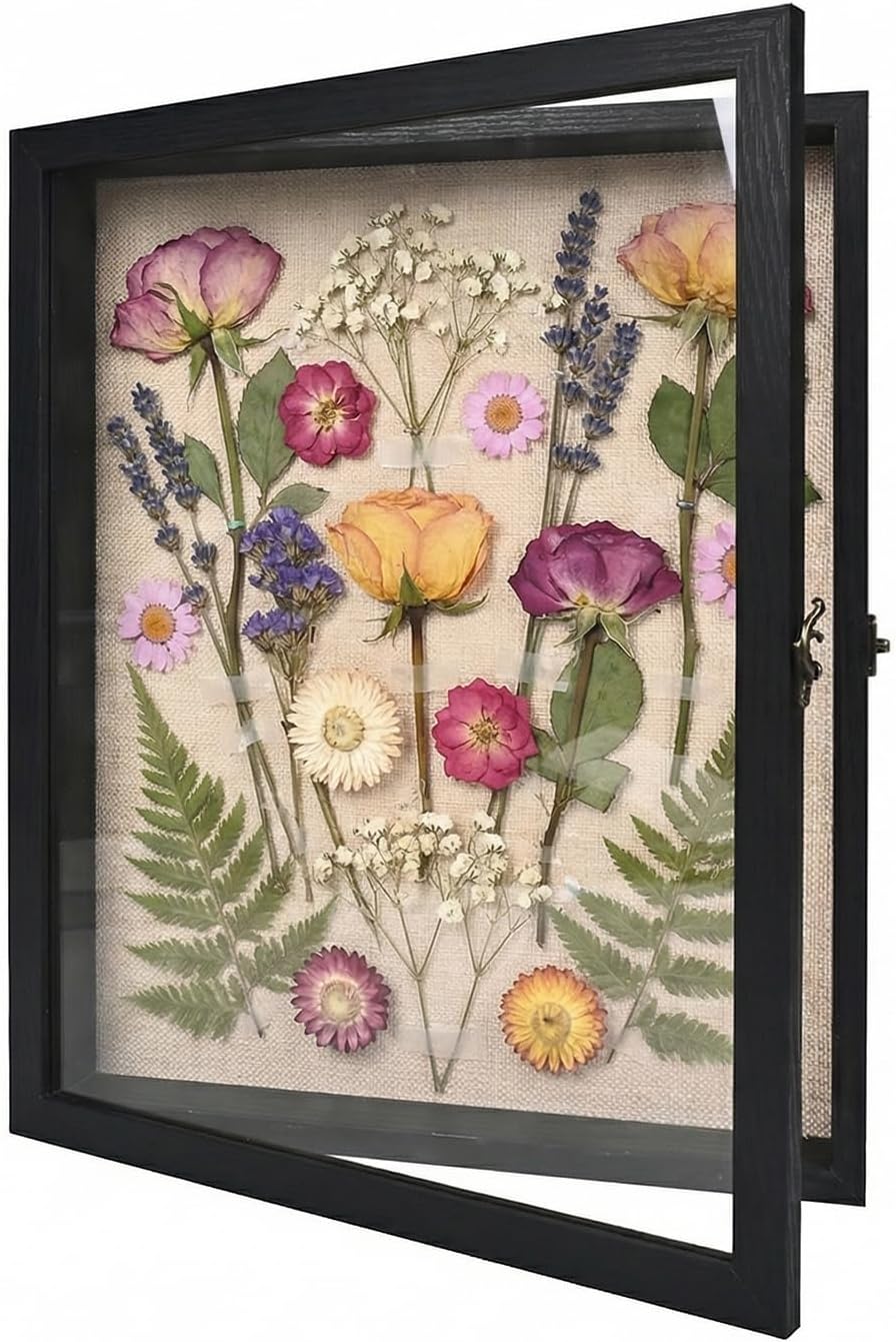 Shadow Box Frame13×16 Display Case with Linen Back, Real Glass Window Door with Hinge, Memorabilia Medals Wedding Bouquet Collections Picture Frame Memory Box for Keepsakes