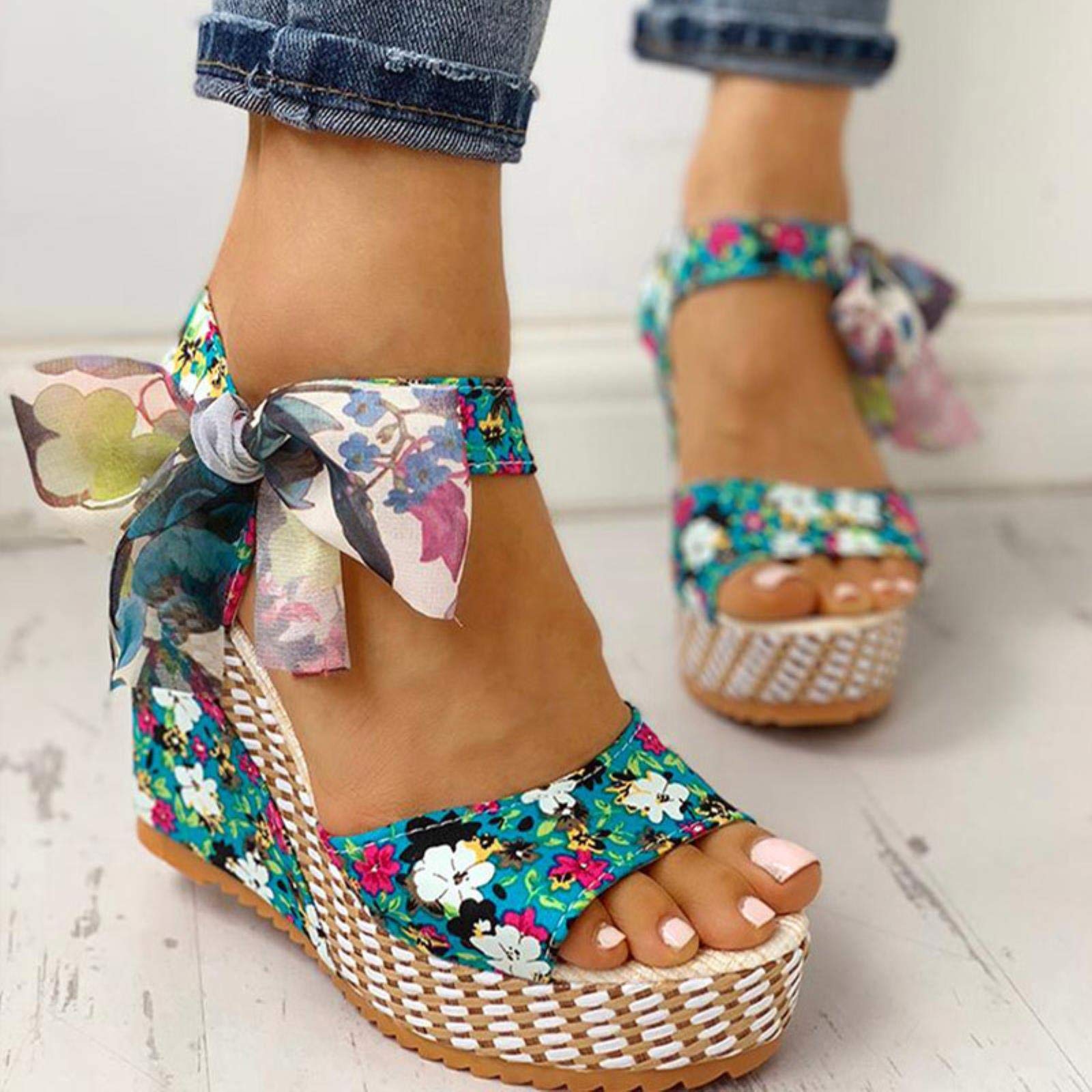 Sandalias de mujer con plataforma de punto Bowknot para mujer, zapatos casuales de aumento alto, con correa de tobillo abierta, sandalias de punta abierta, rosa, 37