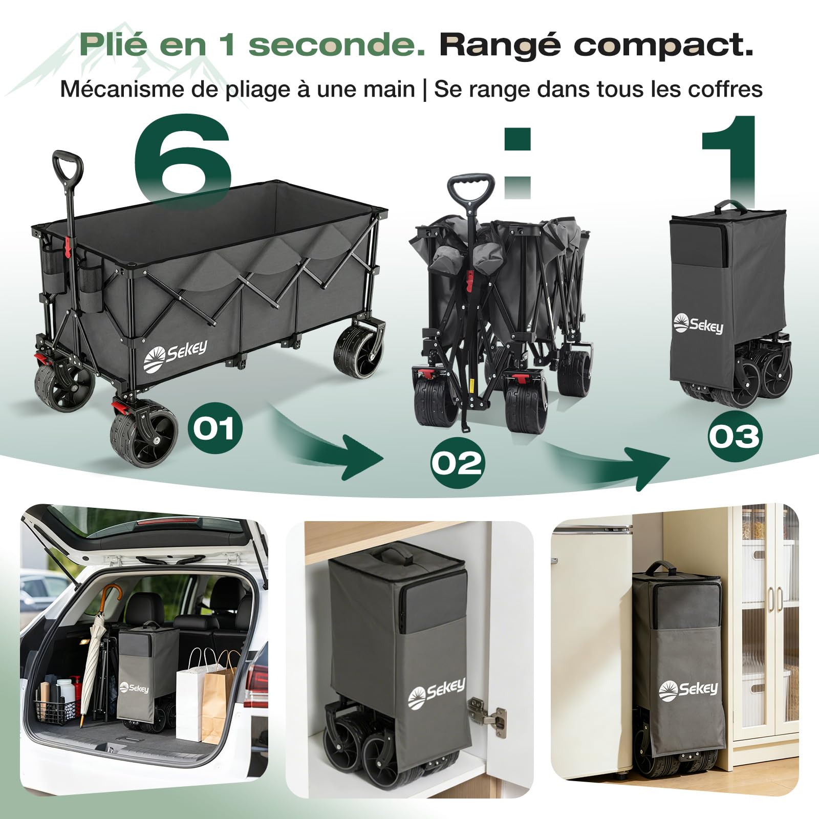 Sekey XXXL Chariot Pliable 300L 200KG, Modèle Allongé avec Roues Tout-Terrain 17x10 cm, Breveté Mécanisme 4-en-1 Dépliage Instantané, Anthracite