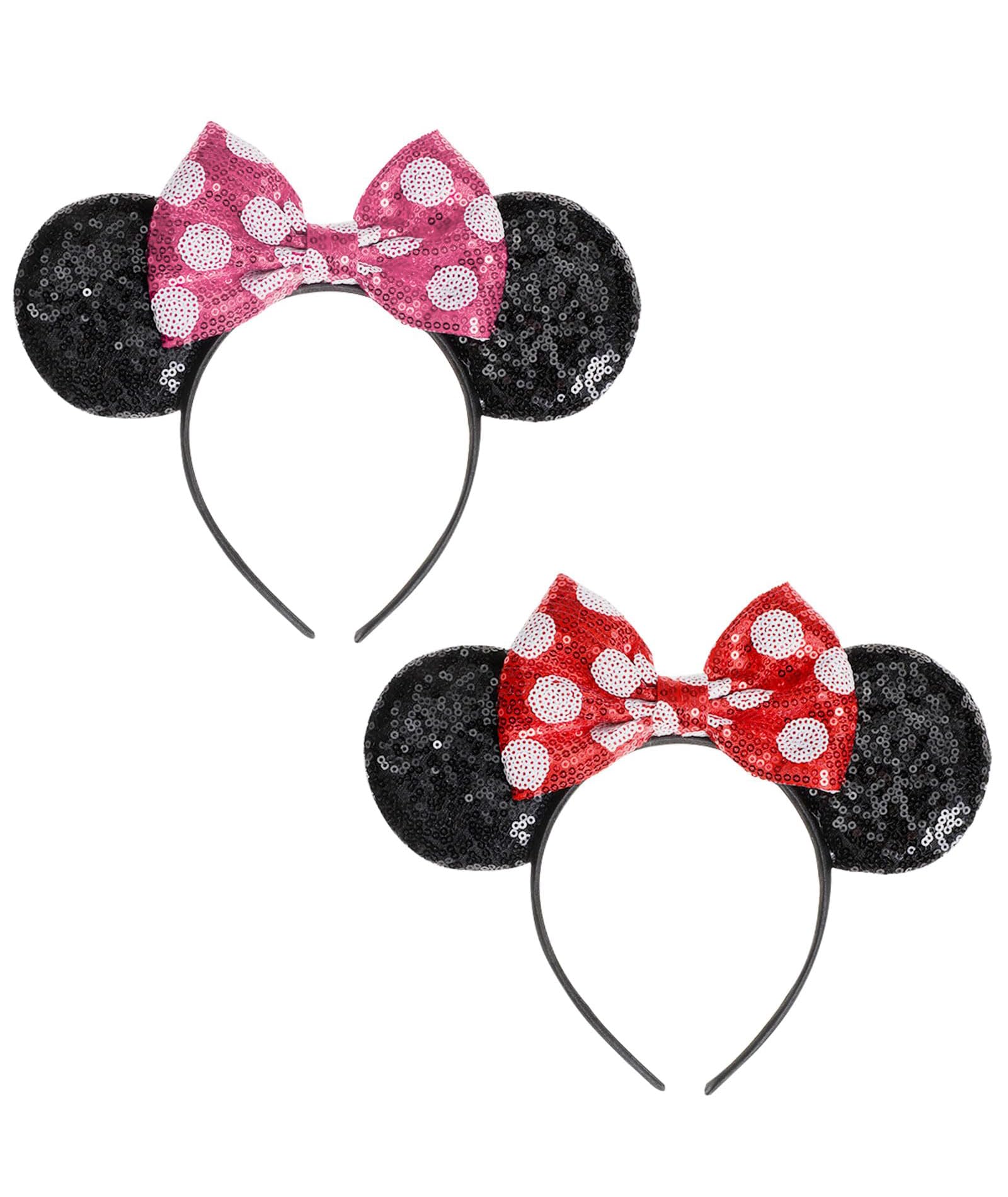 2 Pieces Mouse Ears，Mouse Ears Headband, parkly Bow Headbands Mouse Ears Headwear Cosplay Party Headband for Adult Kids Shiny Headband for Girls Women Fancy Dress Costume Head Band Christmas