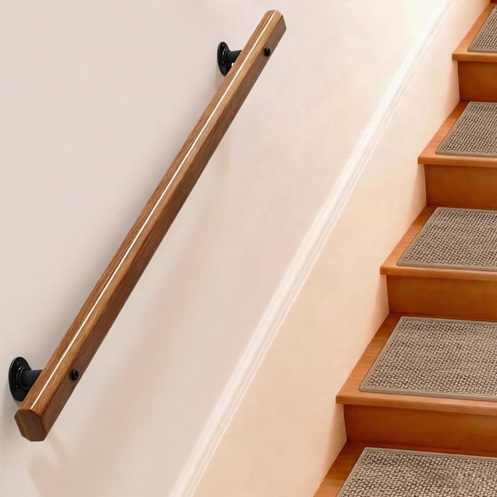 DMCHENGMA Wood Hand Railing for Stairs - Wooden Handrails for Outdoor Steps, Staircase Handrail w/Black Metal Brackets(6.6ft/200cm)