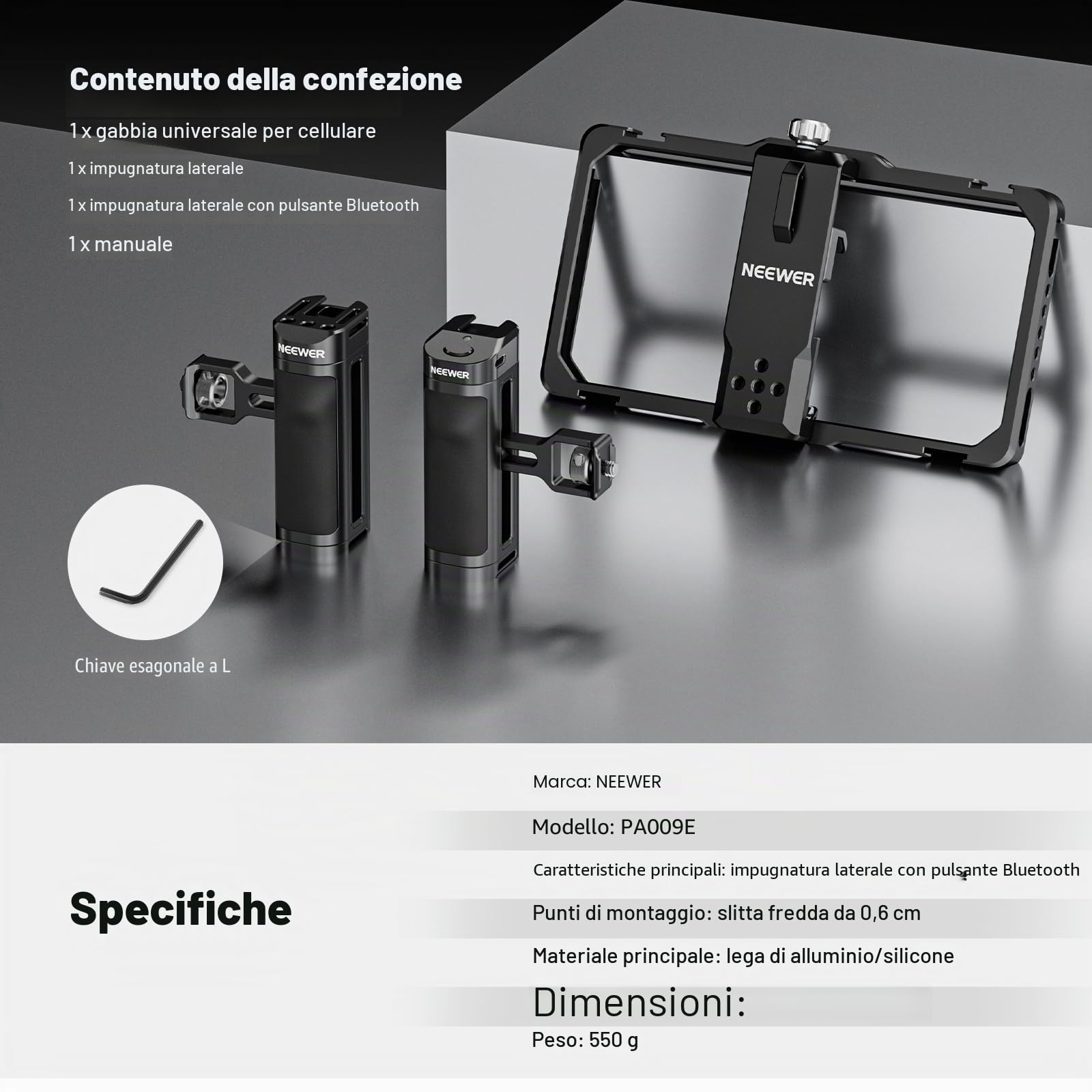 NEEWER Gabbia Telefono Rig Video Universale e Maniglia Laterale con Scatto Bluetooth, Stabilizzatore Smartphone per Registrazione Video Compatibile con iPhone 15 Pro Max 15 Pro Galaxy S24 Ultra,PA009E