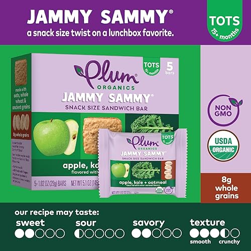 Miniatura 4 de Plum Organics Jammy Sammy Snack Bars  Snacks orgánicos para niños y niños  Manzana y col rizada  Barra de 1.02 onzas (30 en total) El embalaje puede