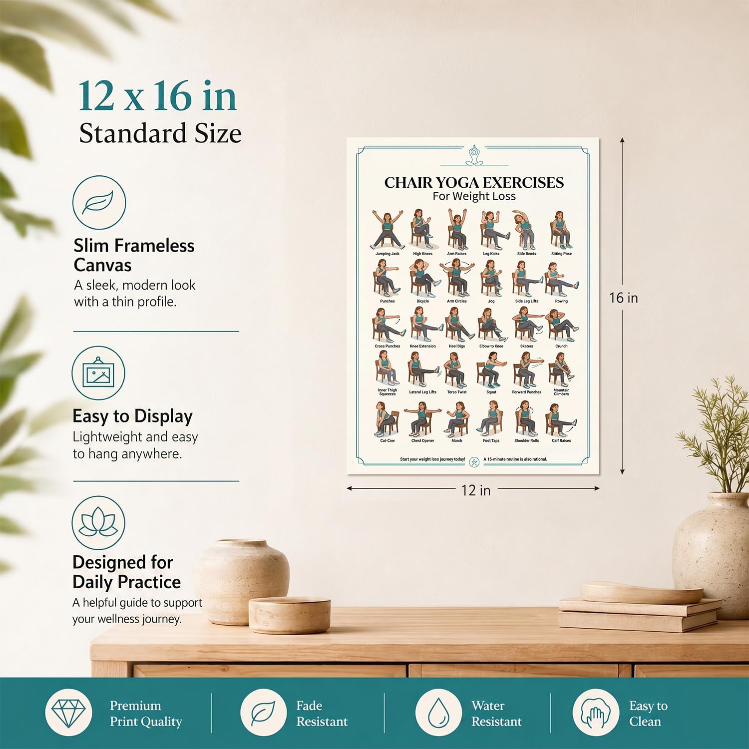 QrmArt Chair Yoga Poster for Weight Loss Printable Movement Guide Wall Art Gentle Seated Exercises Posters Balance Flexibility Workout Chart for Home Gym Wellness Room 12x16 Inch Unframed