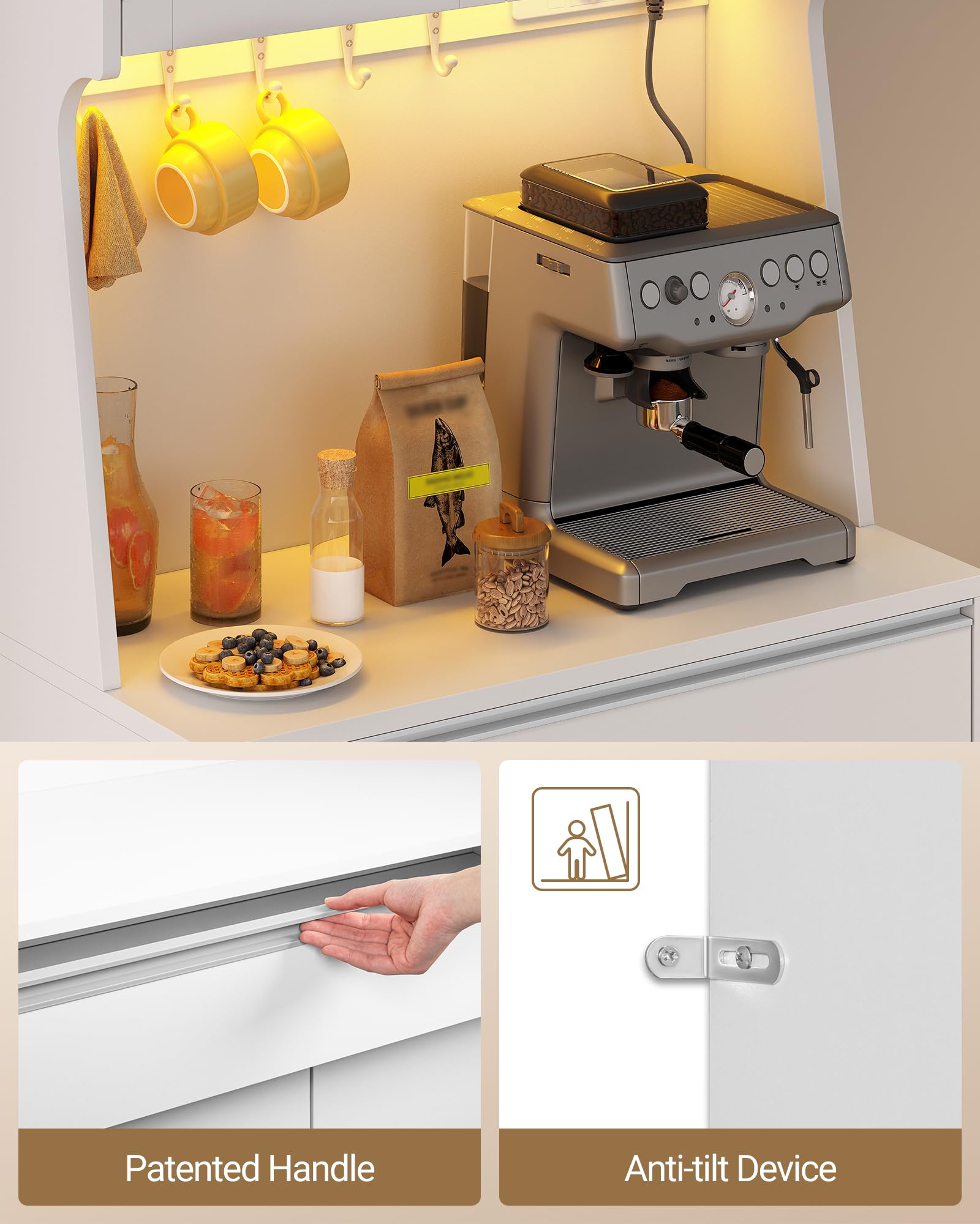 Hzuaneri Aparador Cocina, Armario de Cocina, Armario de Almacenamiento, con Regleta de Enchufes y Tira de Luz LED, Encimera y 4 Armarios de Almacenaje, Estantes Regulables, 40x75x180cm, Blanco