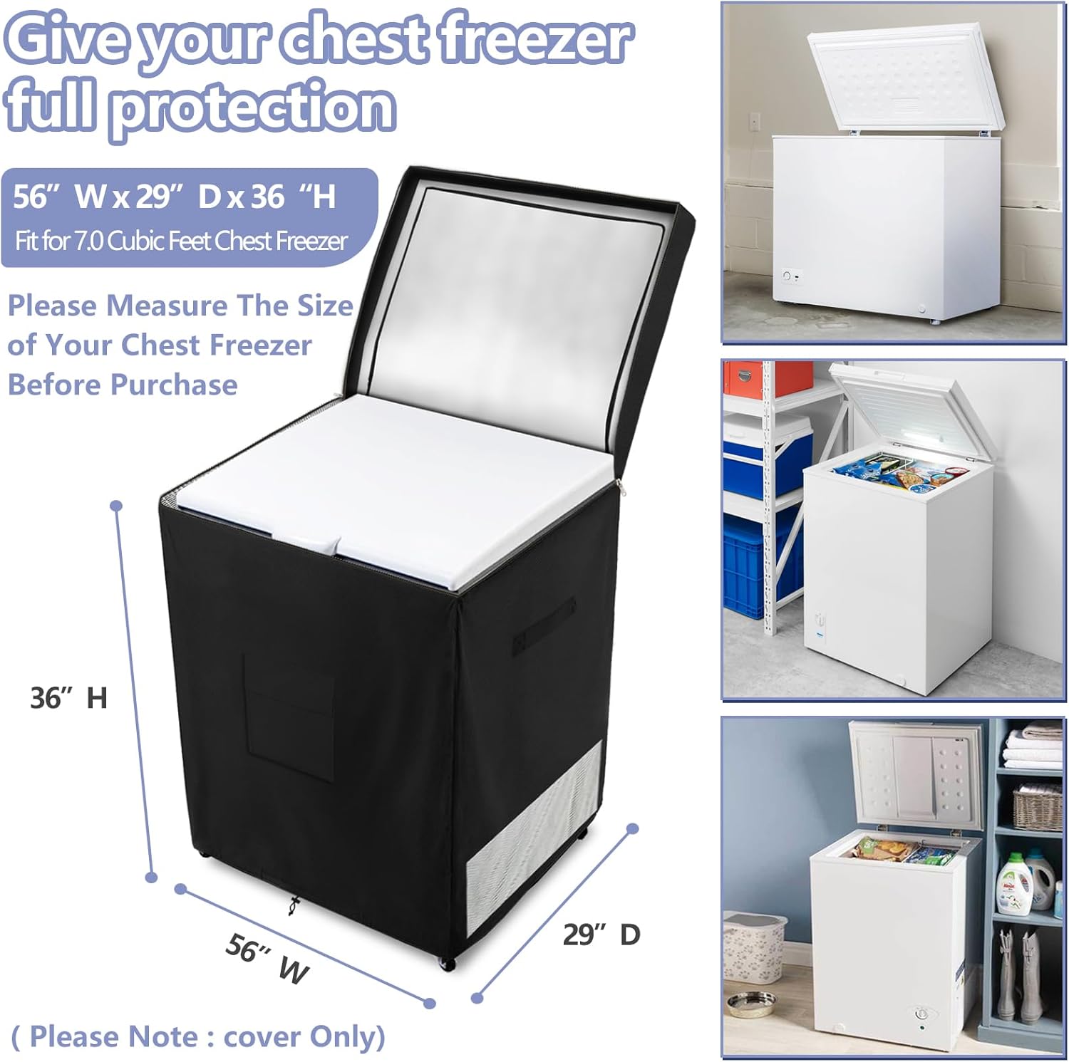 Deep Freezer Covers for Outside,Heavy Duty 600D Durable Chest Freezer Cover Waterproof,Outdoor Freezer Covers for Outside 14-16 Cubic Feet Chest Freezer,Top Can Be Opened(56"W x 29"D x 36"H,Black)