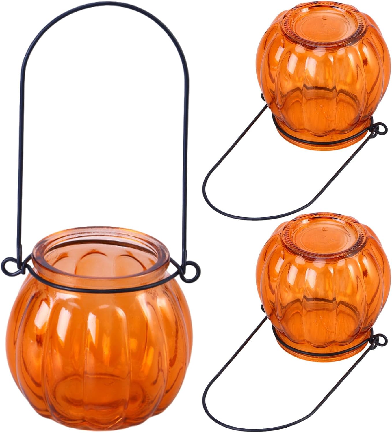 SHINEOFI 3pcs Pumpkin Glass Candle Holders - Clear Hanging Tealight Holders for Table Centerpiece Decor for Thanksgiving Wedding and Holiday Parties Orange