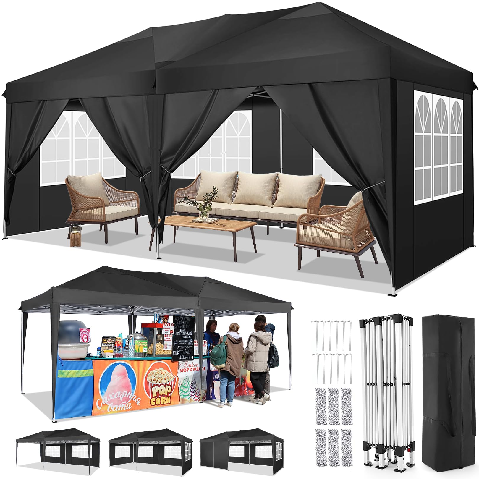 Tooluck10x20 Pop Up Canopy Tent with 6 Sidewalls Waterproof Outdoor Party Tent Ez Up Canopy Tents for Parties Camping Commercial Event Gazebo Portable Tent for Backyard Wedding, Black