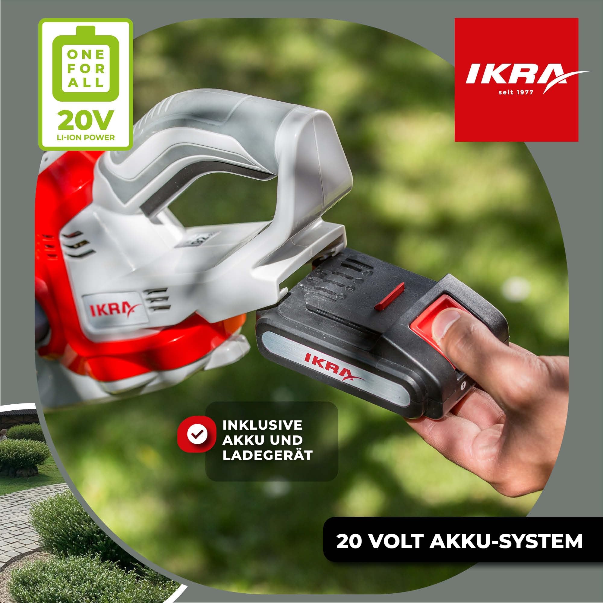 IKRA Heckenschere IAHS 20-1 inkl. 2 Akkus 20V & Schnellladegerät | Schnittlänge 54cm, Schnittstärke 18mm, Rundgriff mit Softgrip, Messer mit Anschlagschutz, 20 Volt Akku-Familie von IKRA