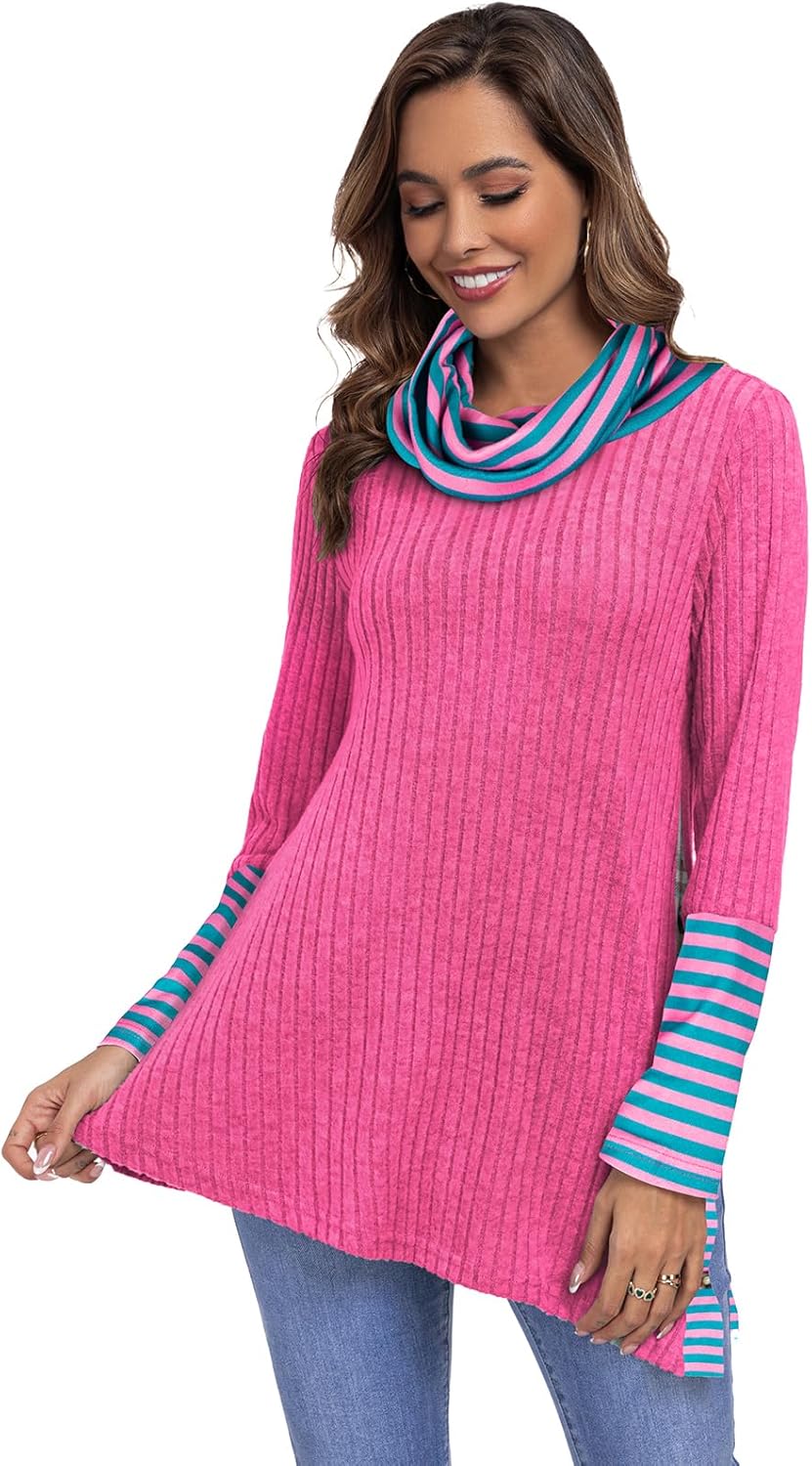 Miusey Women's Cowl Neck Tunic Sweaters Long Sleeve Shirts Lightweight Pullover Sweatshirts Side Split Tunic Tops - Image 3