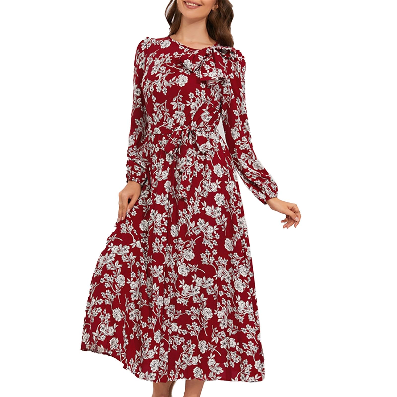 Ladies Long Sleeve Loose Casual Dress V Neck Print Elastic Waist A Line Dress Plus Size Pregnancy Dresses with Belt