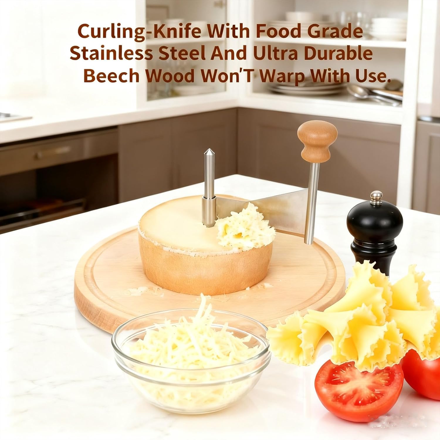 Cheeses Shaver Stainless Steel, Cheese Curler Wheel with Lid Handle, Cheese Curler Flower Maker Wheel Slicer with Punch Tool, Handheld Rotary Cheese Curlers Wood Base (No handle with lid)