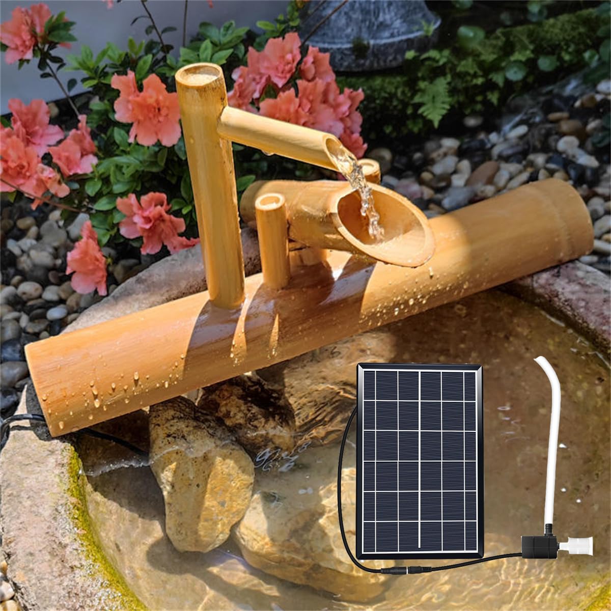 Fontana d'acqua in bambù ad energia solare, fontana d'acqua Feng Shui Zen con pompa, bambù naturale morbido infrangibile, facile da installare in laghetto o giardino, 90 cm, creatività, 50