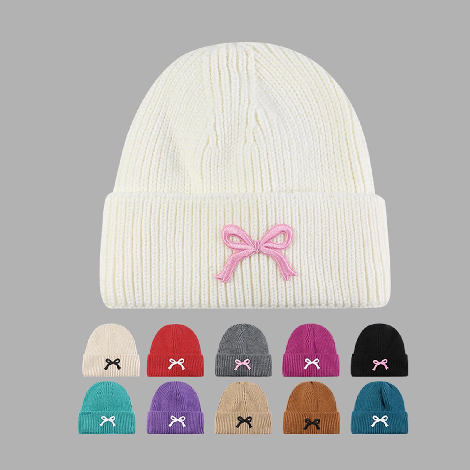 Licupiee Women Bow Beanie Hat Winter Warm Knit Hats 2024 Cute Embroidery Bowknot Caps Streetwear (US, Alpha, One Size, White)