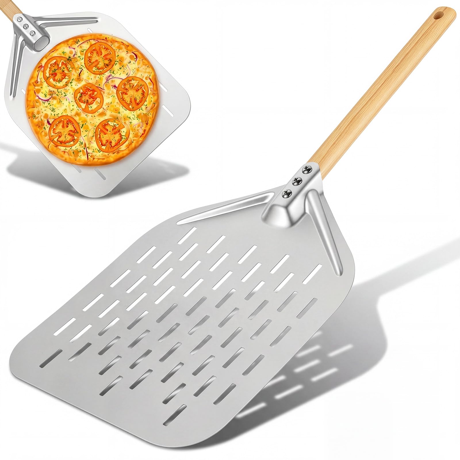 Pelle à Pizza 12 Pouces Perforée Professionnelle, Pelle Pizza avec Poignée en Bois Amovible, Acier Inoxydable, pour la Cuisson de Pizzas, Pain, Tartes, Gaufres et Biscuits (40 x 30 cm)