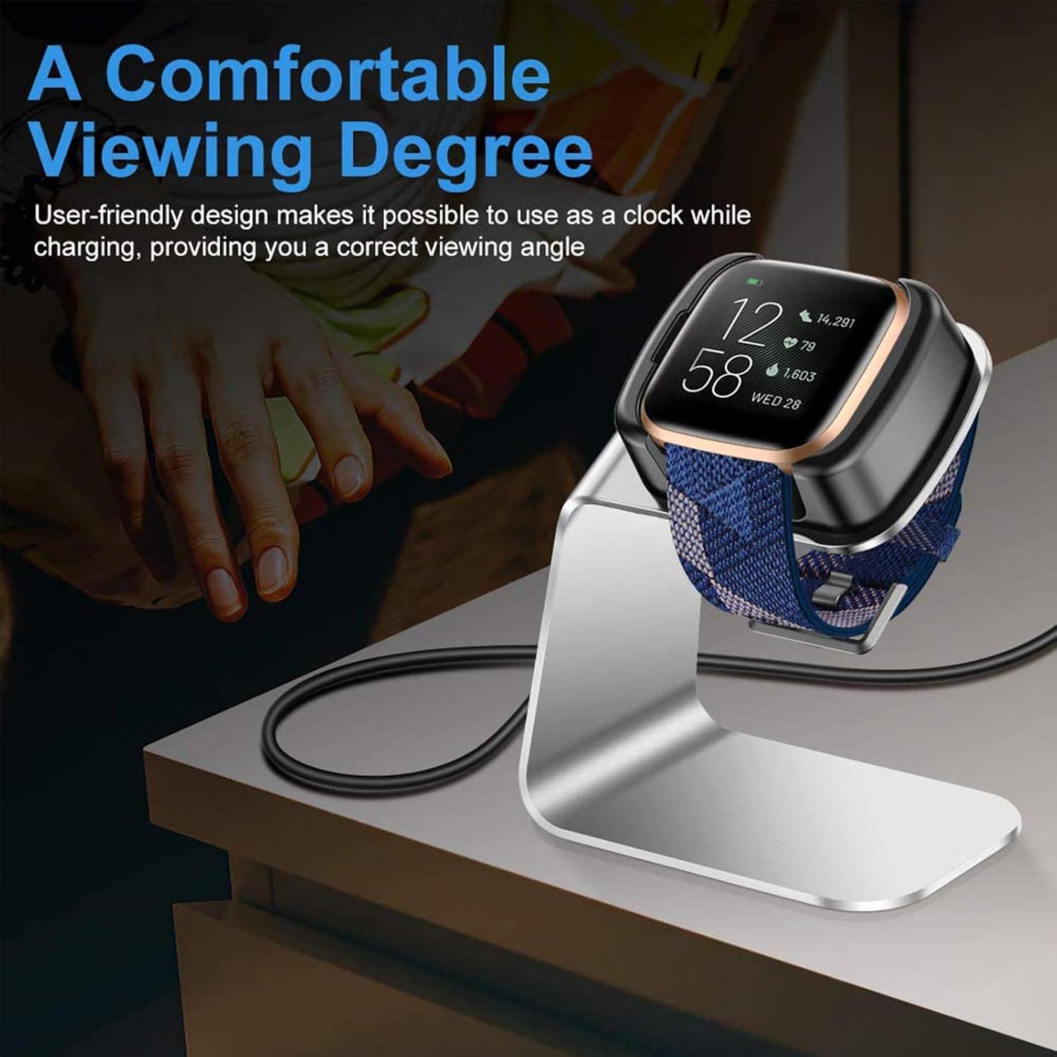 CAVN Charger Dock Compatible with Fitbit Versa 2 (Not for Versa), Charger Stand Charging Cable Dock Station Base Cradle with 4.5ft USB Cord Replacement Accessories for Versa 2 Smart Watch (Silver)