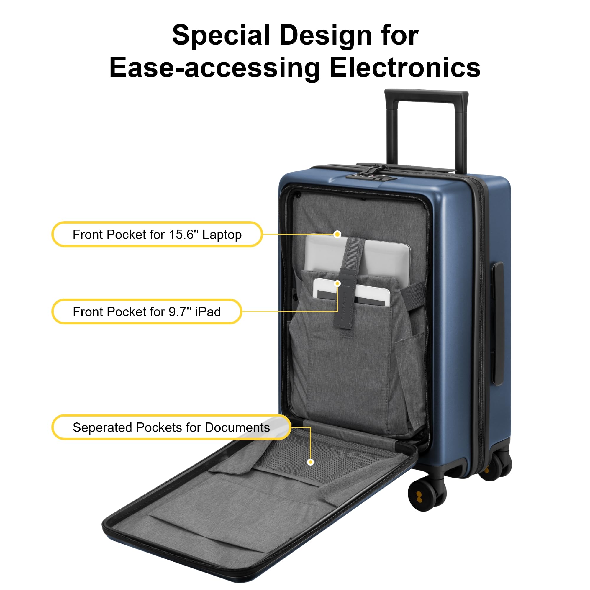LEVEL8 Maleta Cabina Compartimento PC Rígido TSA 4ruedas 55cm, 38L,Azul | 4ruedas Silenciosa,Policarbonato