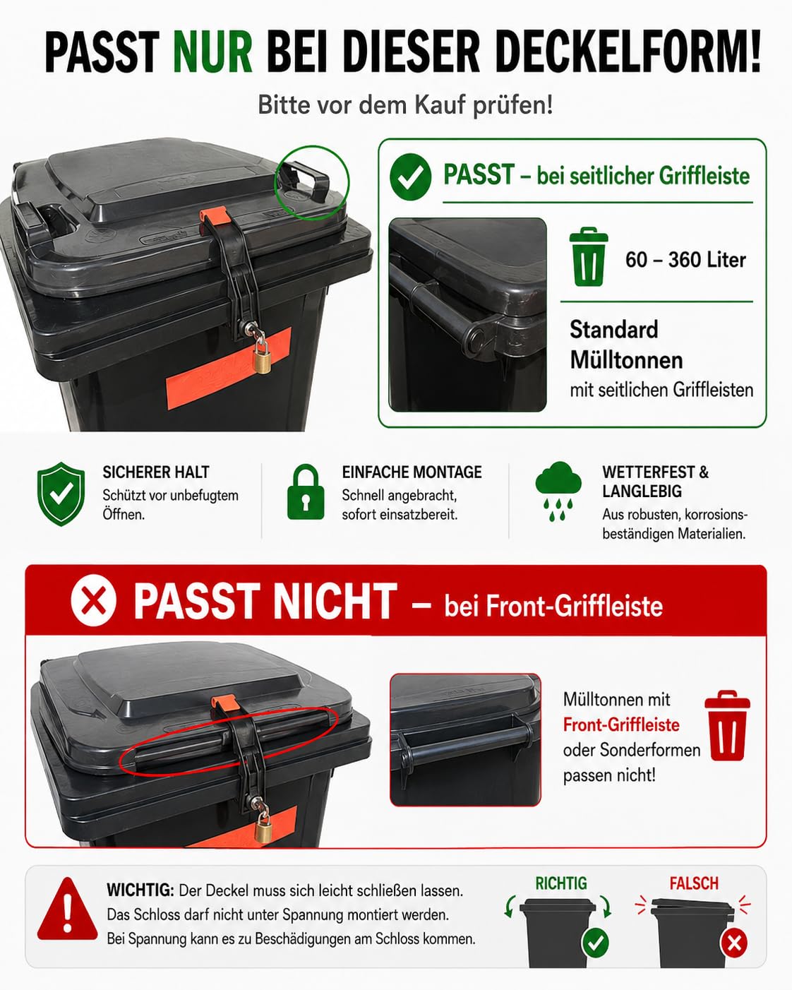 Lucchetto per pattumiera TrashGuard – stabile e chiudibile – montato senza fori – protegge da rifiuti estranei e animali – adatto per bidoni della spazzatura da 60 – 360 l con maniglie laterali del
