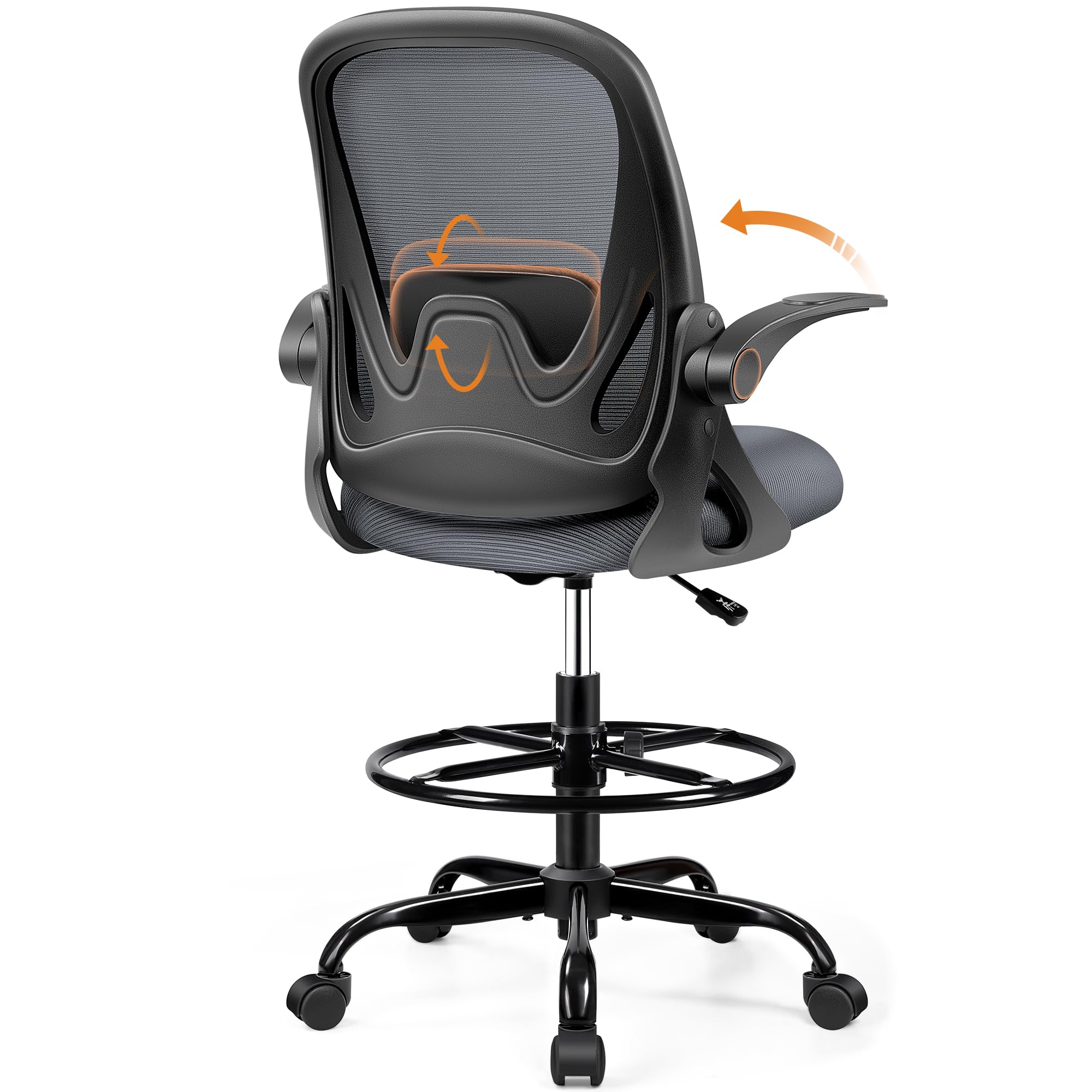 Drafting Chair Tall Office Chair with Flip-up Armrests, Adjustable Height, Enhanced Lumbar Support Ergonomic Rolling Stool, Back Support, Adjustable Foot Rest Ring for Standing Desk Dark Gray