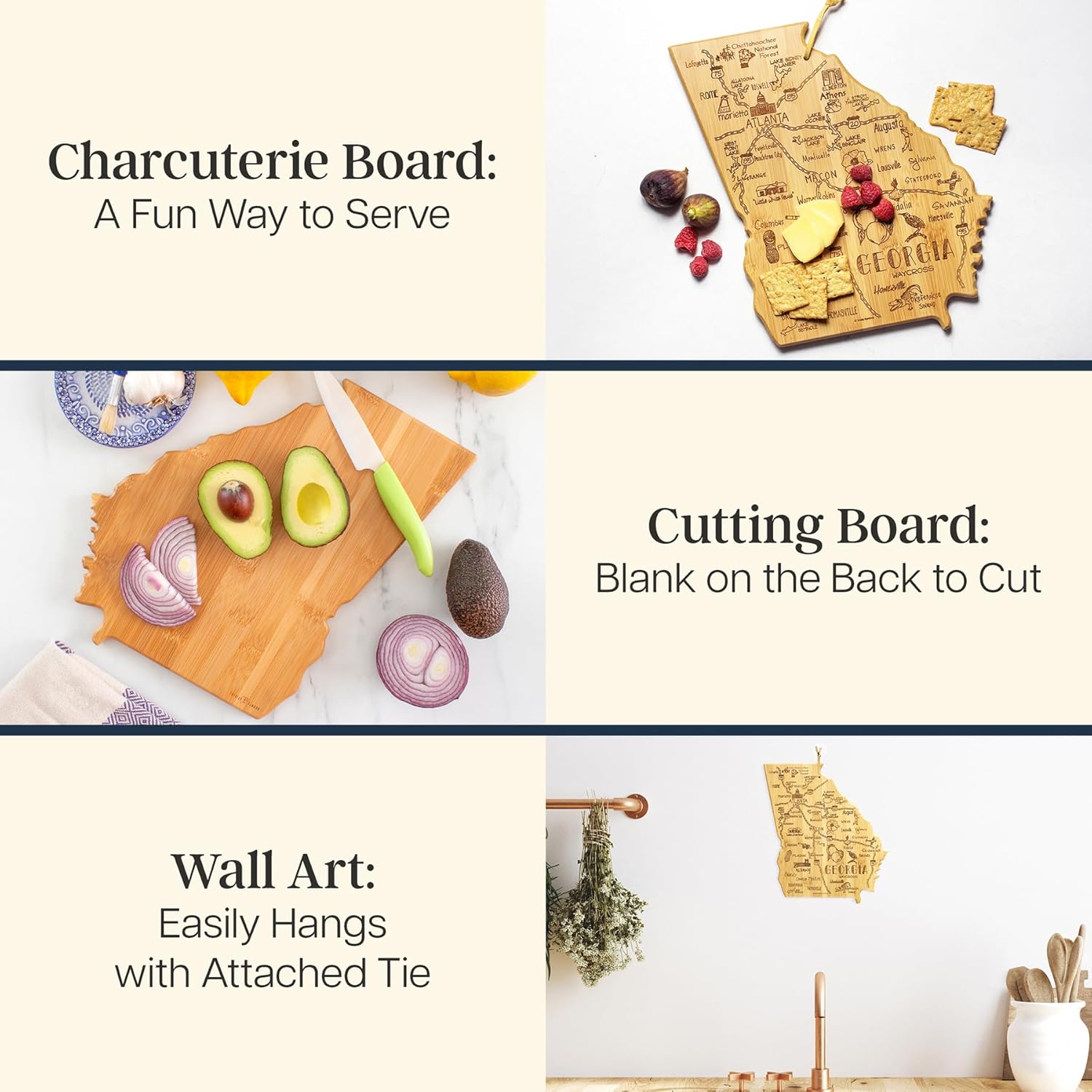 Totally Bamboo Destination Georgia Shaped Cutting Board – Bamboo Charcuterie and Serving Board with Hang Tie for Wall Display - Image 2