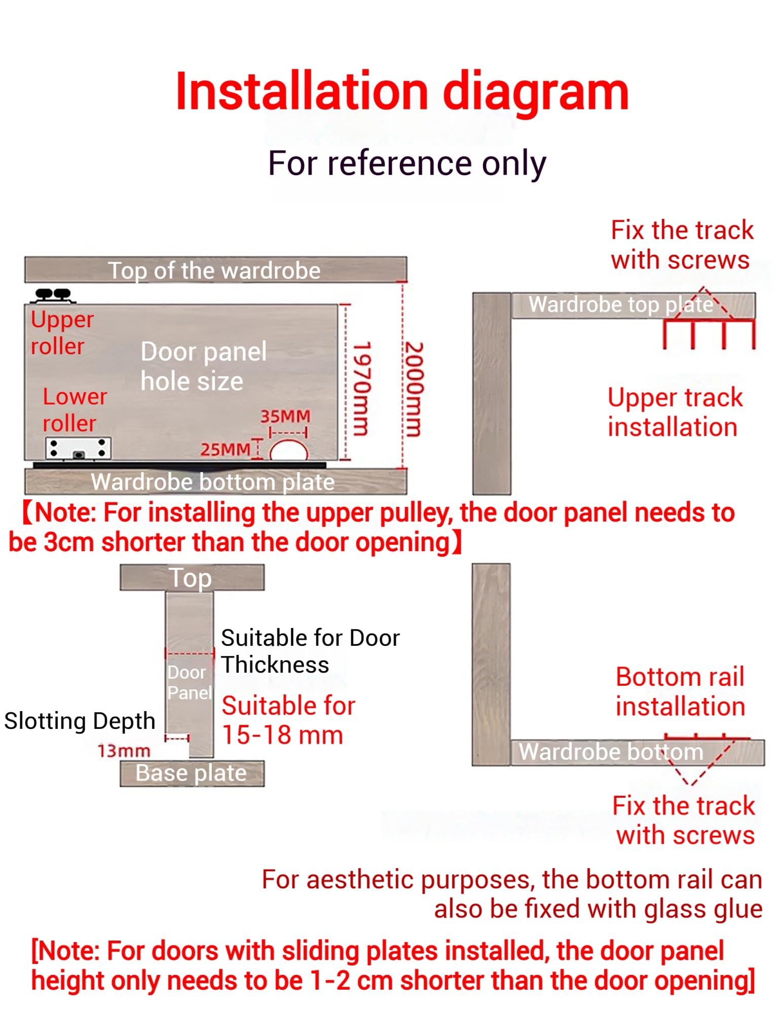 Kit de herrajes para puerta corredera para armario y armario, repuesto de riel superior e inferior con polea deslizante silenciosa, 170 cm de longitud