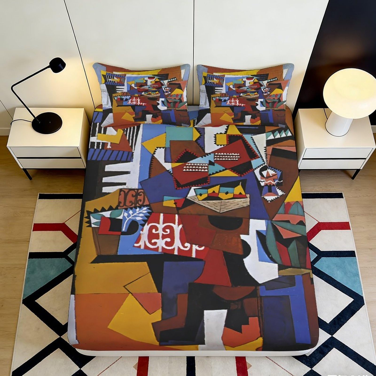 3D Printed Abstract Geometric Fitted Sheet Microfiber Multicolor Cubism Bed Cover for Bedroom Guest Room Decor Easy Care 90x200x25cm