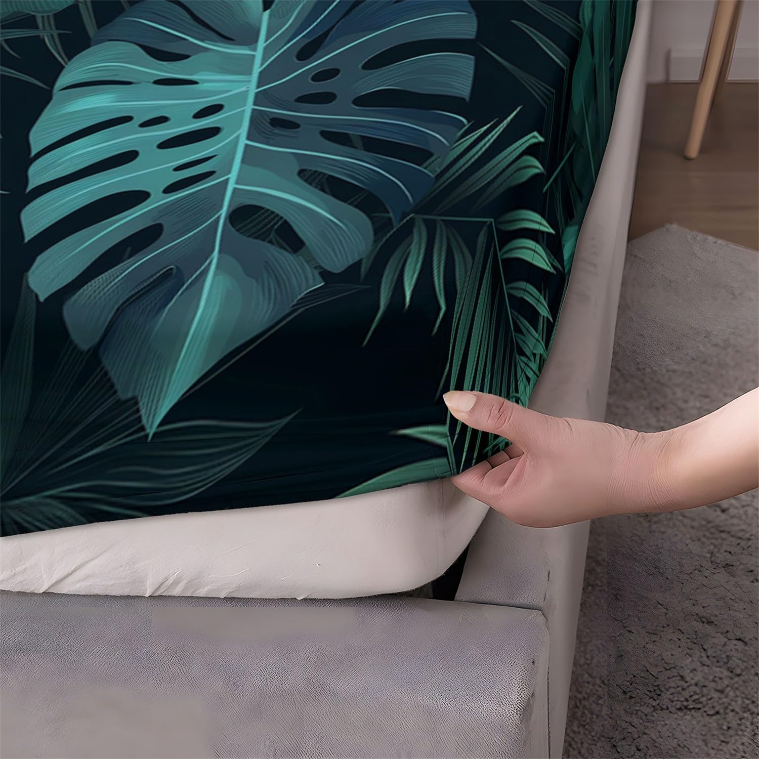 Lenzuolo con angoli con foglie tropicali, facile da pulire, in morbida microfibra spazzolata, 160 x 200 + 30 cm, lavabile in lavatrice, 30 cm, con angoli profondi.