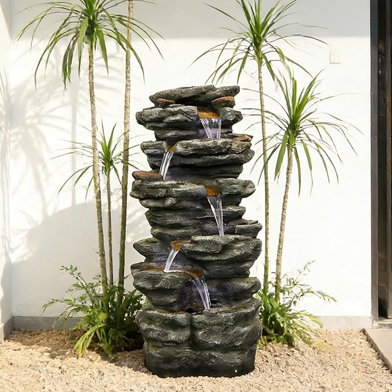 40inches High Outdoor Rock Water Fountain with LED Lights - 6-Tiers Poly-Resin Cascading Waterfall Fountain for Garden, Patio, Yard, Home Decor