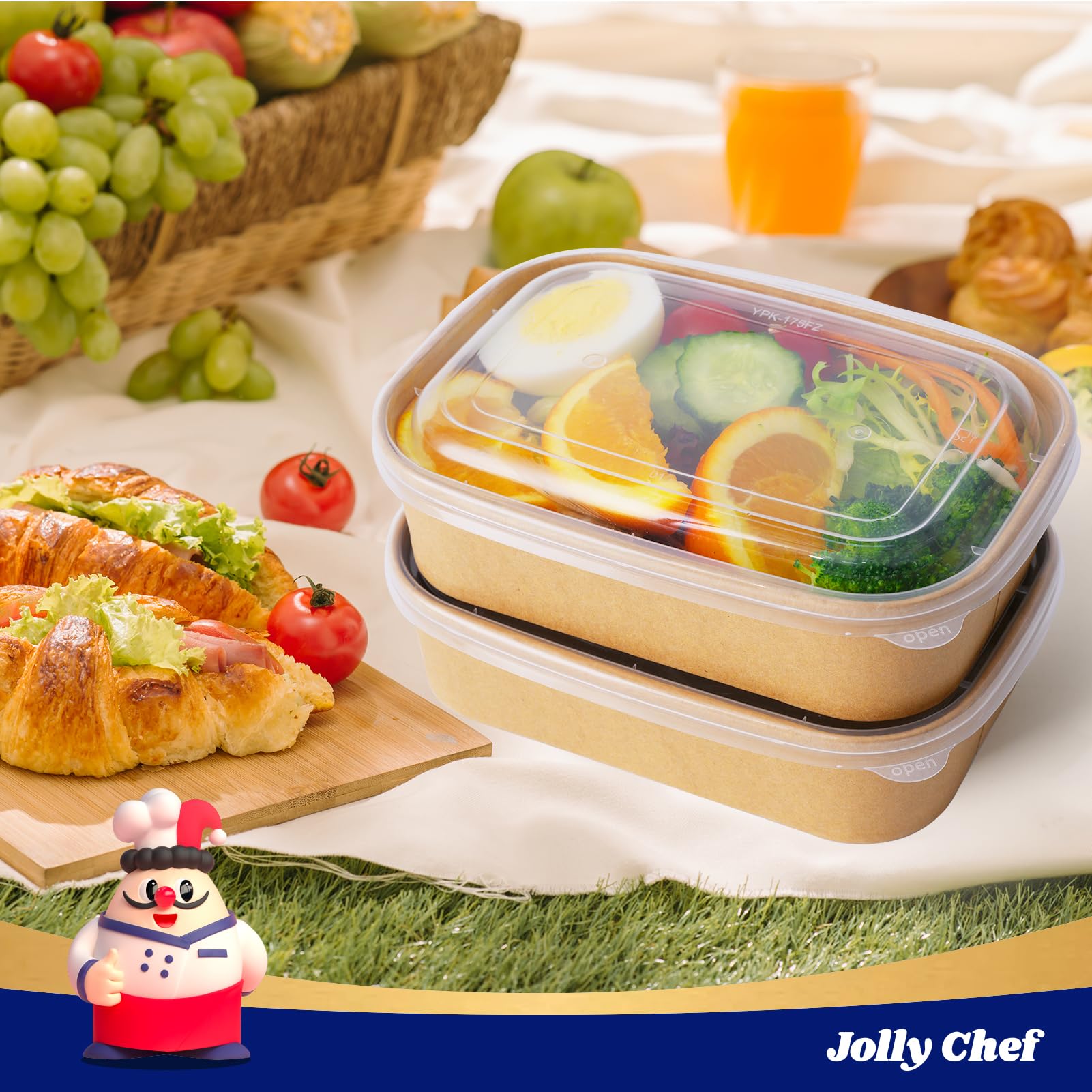 JOLLY CHEF Paquete de 50 recipientes de papel para alimentos con tapas, recipientes desechables de 19 onzas, cuencos de papel rectangulares con tapas para almuerzo