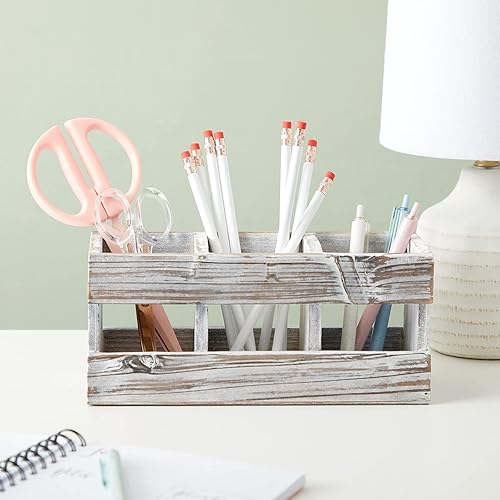 Miniatura 3 de Juvale Farmhouse Decor - Portalápices y organizador de escritorio con 3 compartimentos, 9.5 x 4.25 x 4 pulgadas, acabado rústico de madera de cedro,