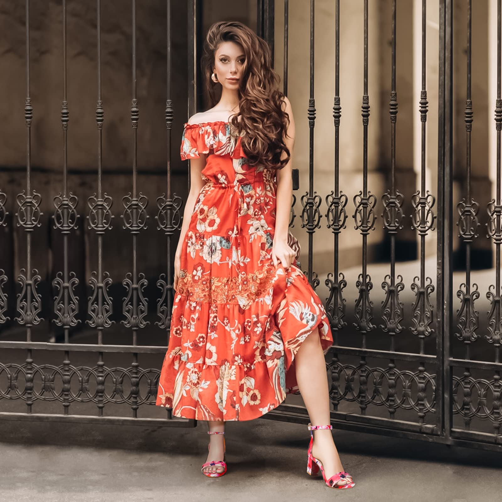 PIZZ ANNU Women's Open Toe Ankle Strap Low Block Chunky Heels Sandals Party Dress Pumps Shoes Strappy Buckle Sandals with 2.6" Tall Thick Heel Design: 9 Floral