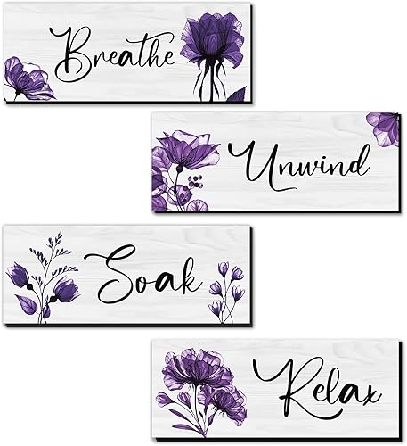 4 piezas de arte de pared de baño, rústico, granja, baño, decoración de pared de baño, letrero colgante de madera para el hogar, spa, baño,