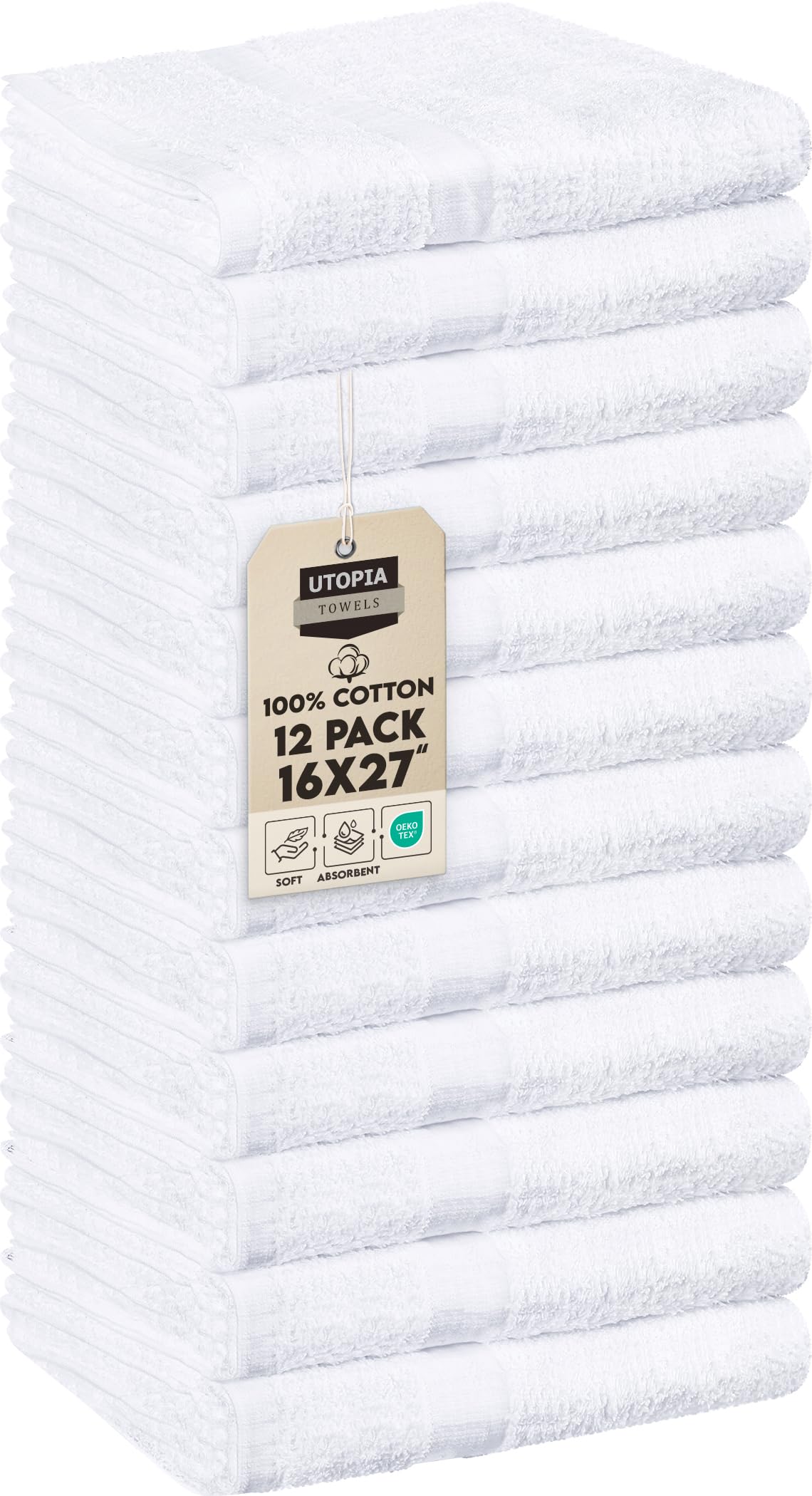 Utopia Towels - Salon Towel, Pack of 12 (Not Bleach Proof, 16x27 Inches) Highly Absorbent Cotton Towels for Hand, Gym, Beauty, Spa, and Home Hair Care, White
