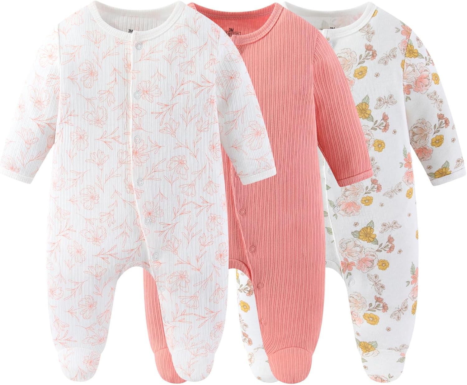 Baby Boy Girls Clothes 2-Way Zip Footed Long Sleeve 100% Cotton,Newborn Caps and Scratch Mittens Set 0-6 Months - Image 2