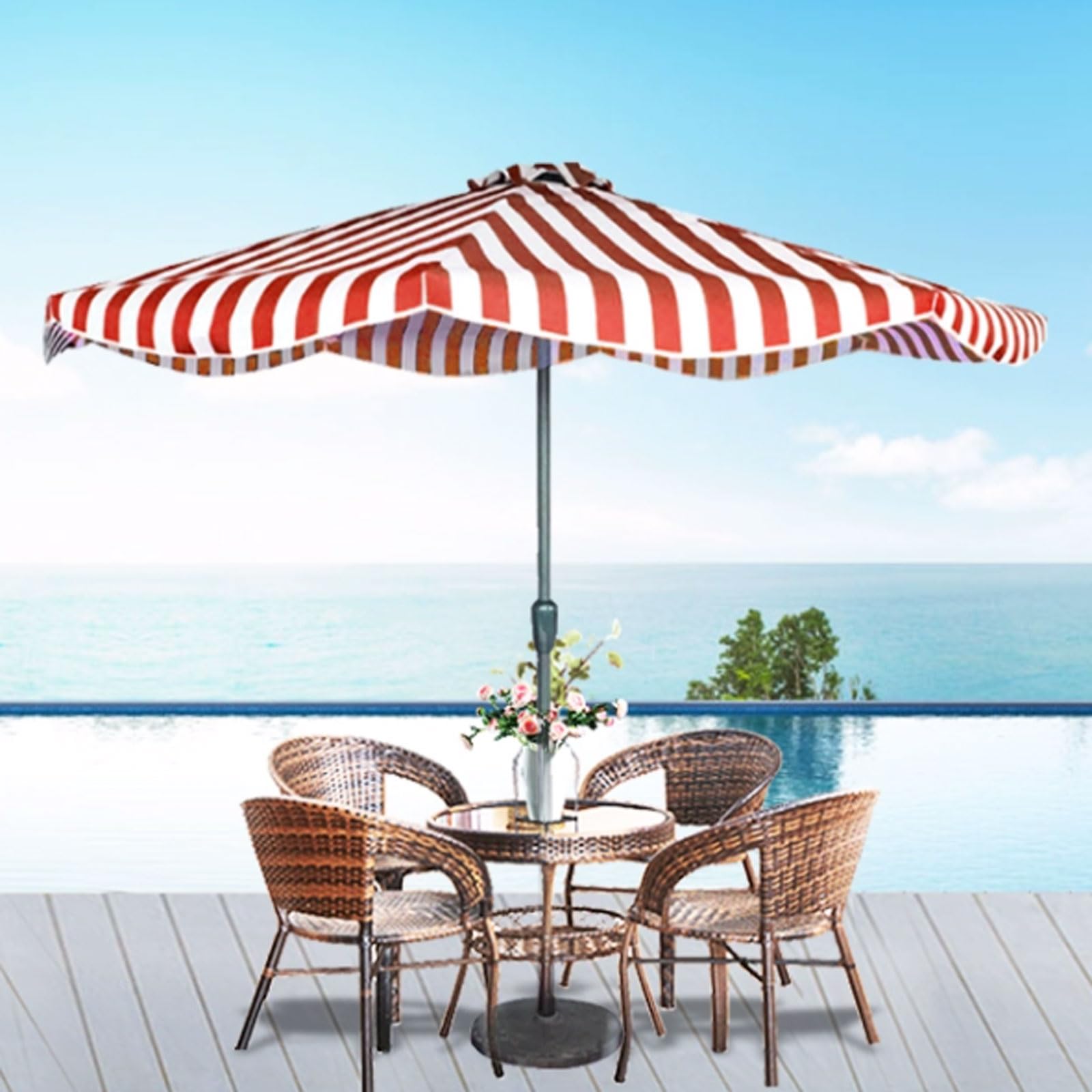 Gartenschirm, gestreift, Terrassenschirm, 270 cm, Strandschirm, Mittelsäule, Sonnenschutz, Handkurbel, Markttischschirm für den Außenbereich, befüllbare Basis (grün gestreift)