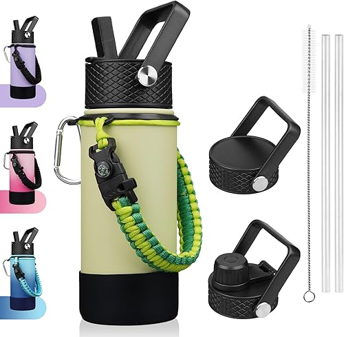Miniatura 24 de BJPKPK Botella de agua aislada con tapa con popote, frascos térmicos de 22 onzas con 3 tapas, mango de paracord y bota antideslizante, vasos de