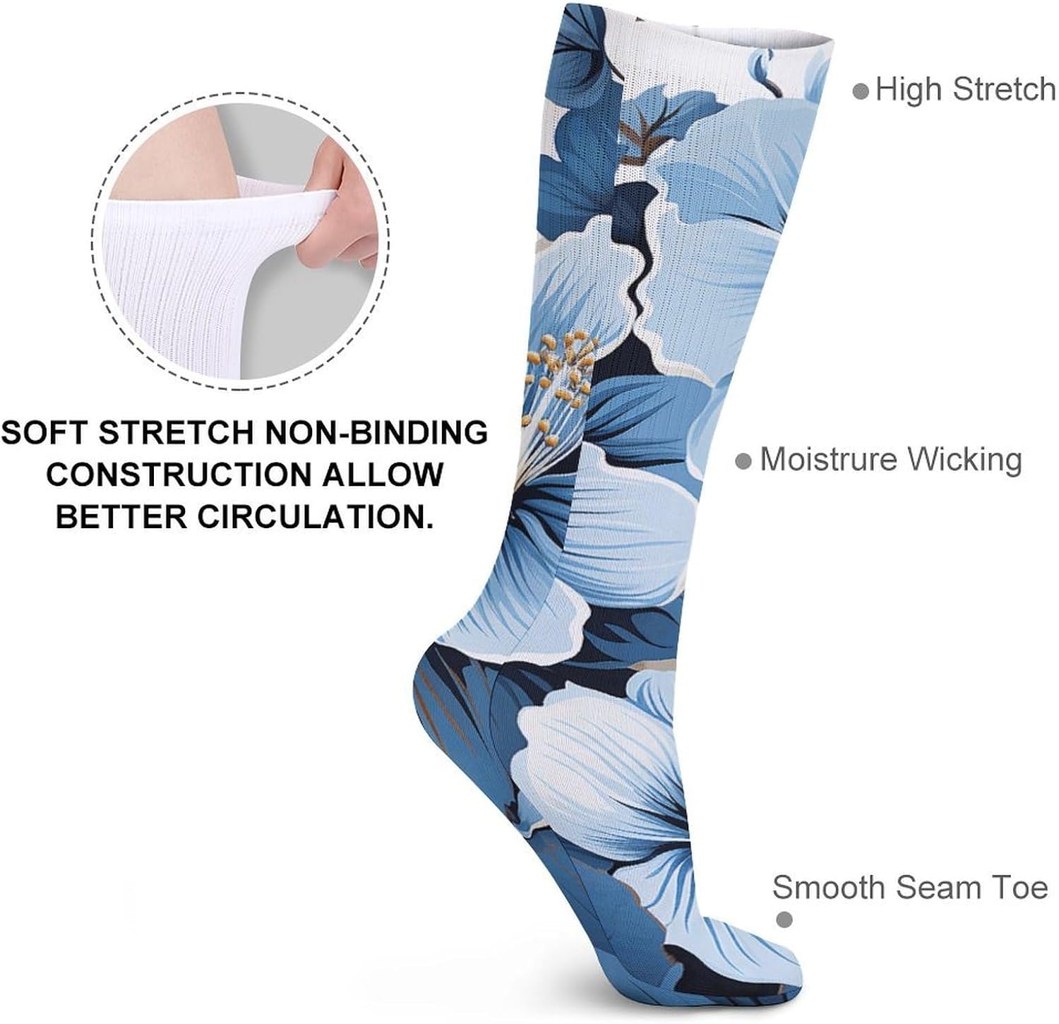 Breathable Crew Sock, Moisture Wicking, Athletic Calf Socks, Cozy | Blue Hibiscus Flower Compression Socks for Women Men, Lightweight High Work Socks for Business, Casual