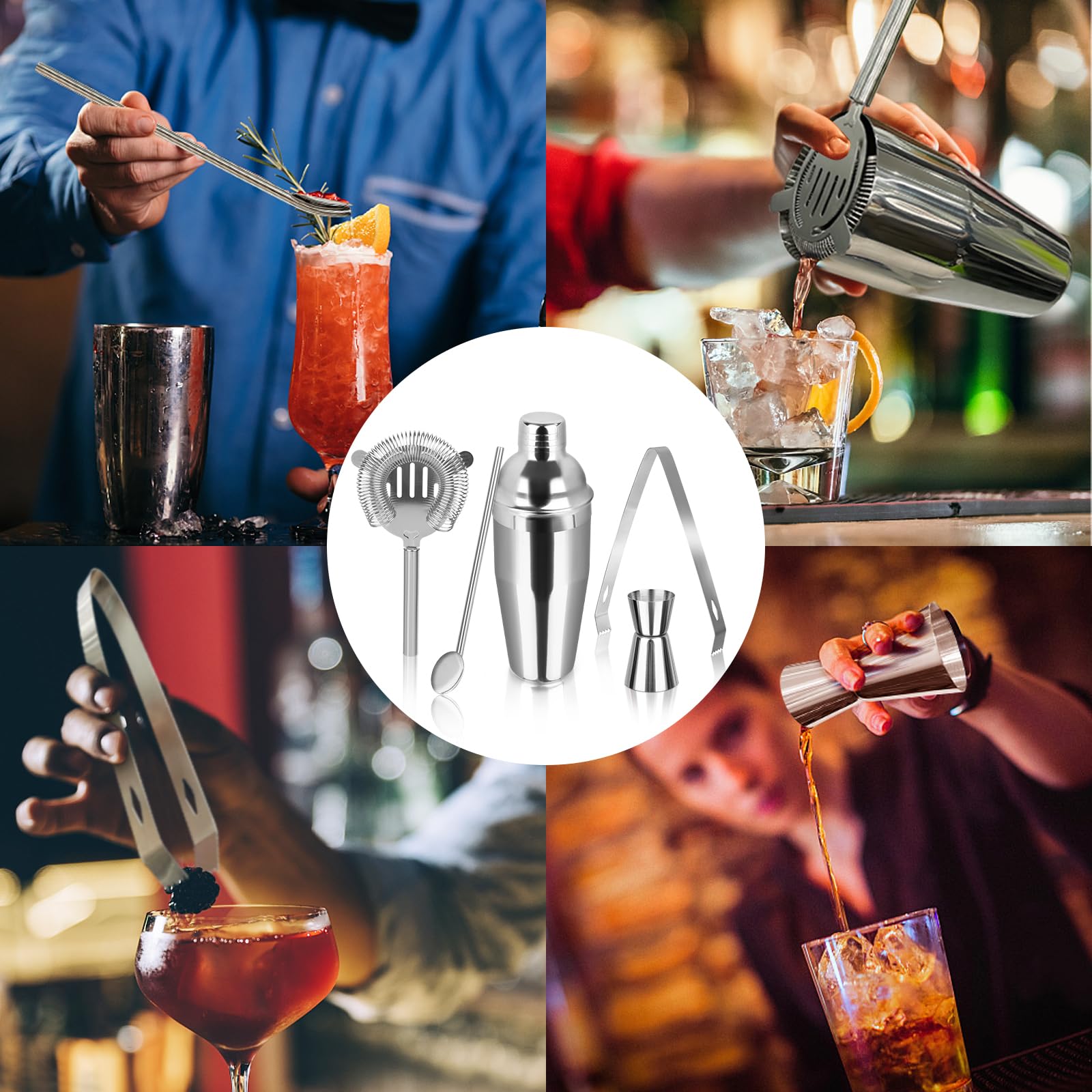 750ML Coctelera, 5 Piezas Juego de Cocktail Shaker INOX, coctelera Profesional Herramientas con Medidor, Cuchara, para Mezclar Bebidas, Hogar, Barra, Fiestas (Plata)