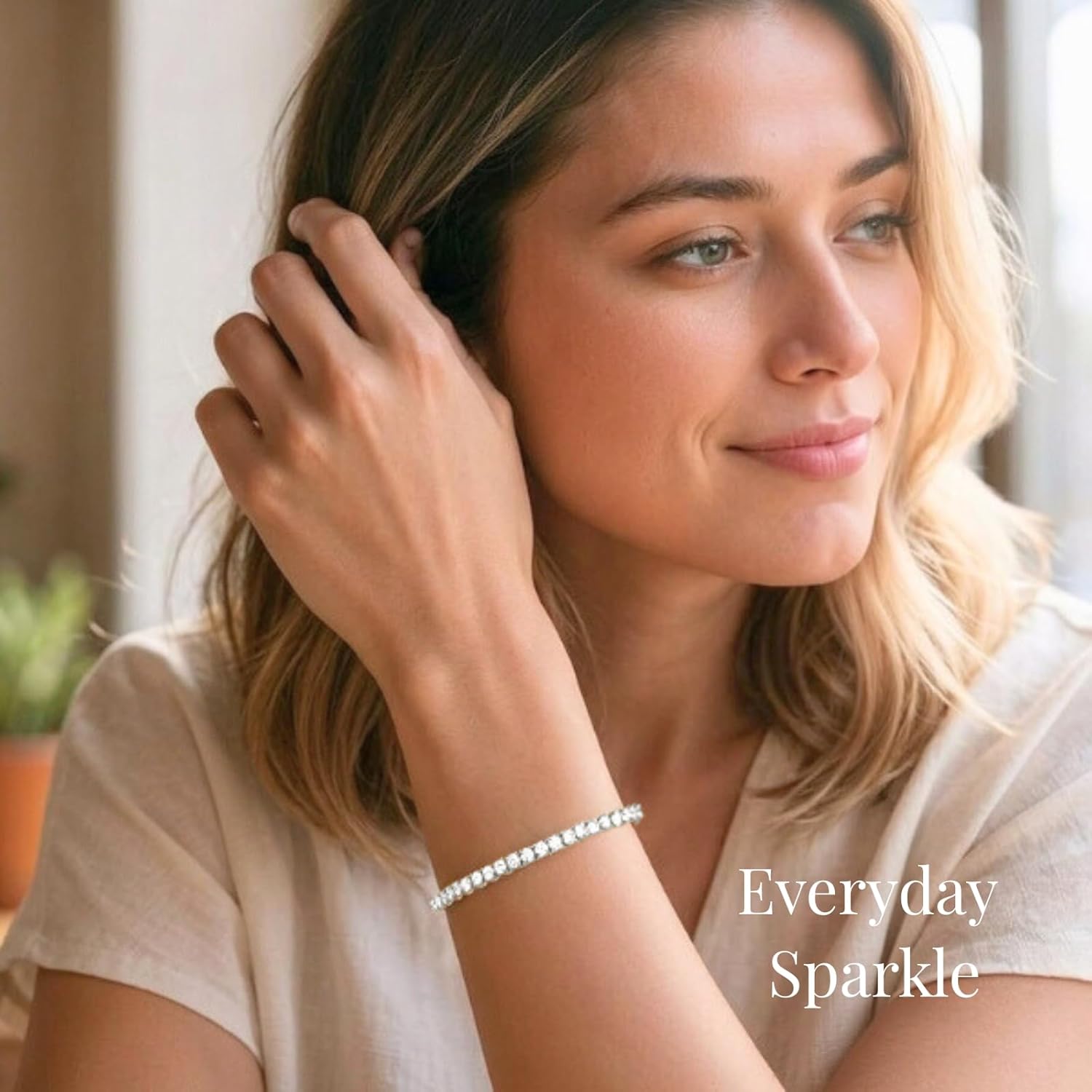 LOVE&LOVE Moissanite Tennis Bracelet for Women, Adjustable 18K White Gold/Yellow Gold Plated 925 Sterling Silver Bracelet, 3/4mm D VVS1 Round Cut, Luxury Jewelry Gift Wife Mom Girlfriend Birthday Anniversary