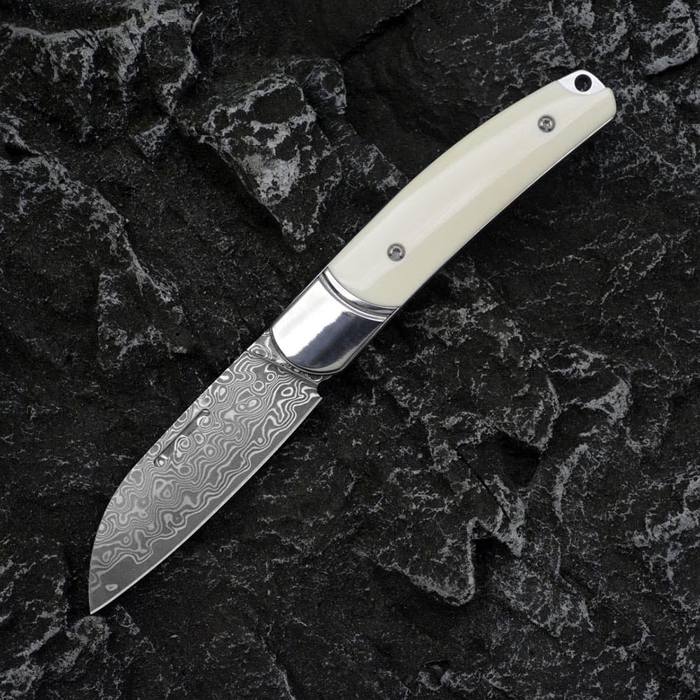 Klappmesser 6.8" Damast taschenmesser edelstahl damaststahl damaszener, klappbar edc taktisches messer scharfes tanto, Damaskus stahl messer Geschmiedet, Outdoor klein messer neck knife, Weiß Knochen