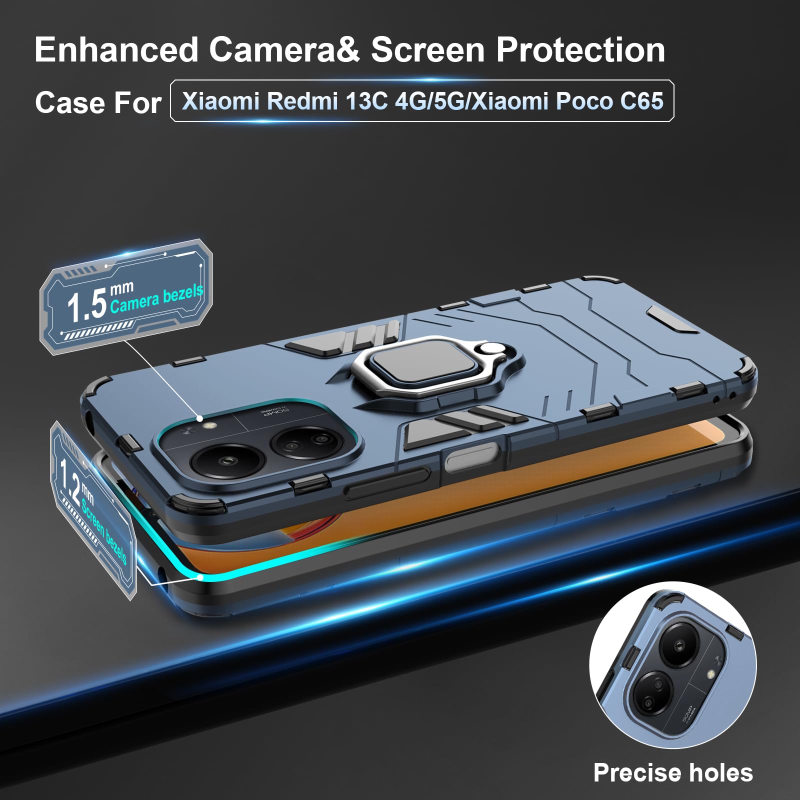 Funda para Xiaomi Redmi Note 15 Pro 5G, Carcasa Antigolpes con Soporte anular metálico, Case Protectora de Grado Militar, Azul — view 445