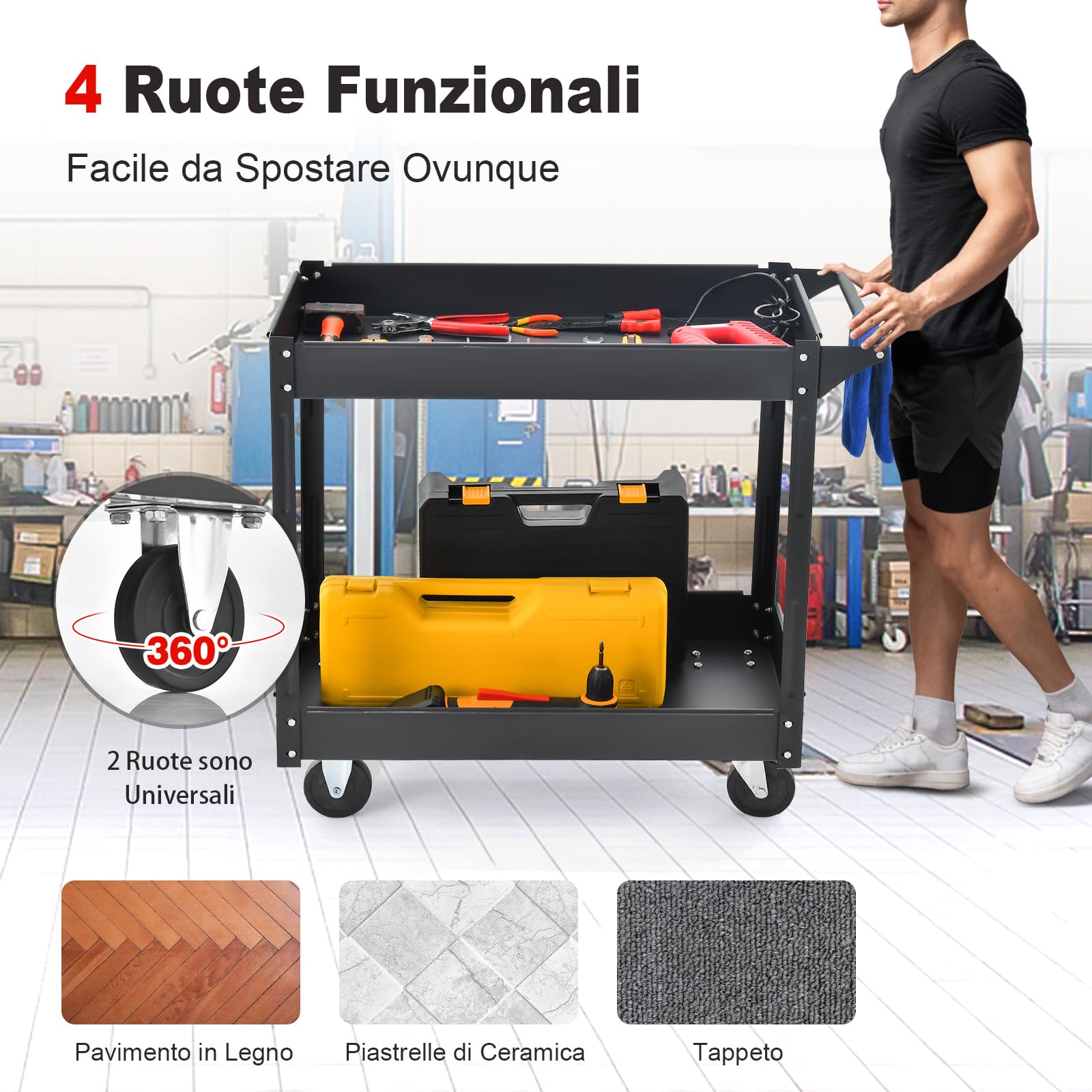 COSTWAY Carrello Porta Attrezzi in Metallo a 2 Livelli, Carrello Portautensili Multifunzione con Maniglia, Capacità di carico di 50 kg (Nero)