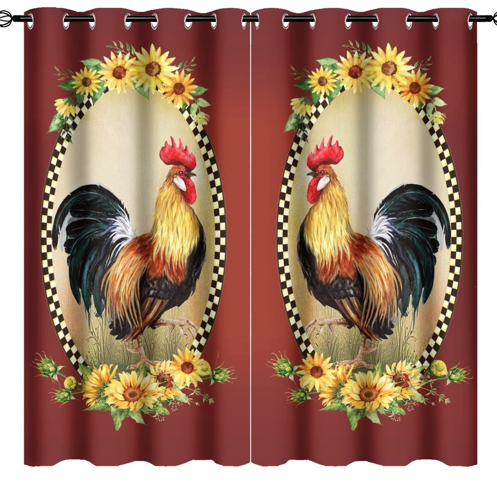 INSFBRB Vintage Farm Rooster Curtains - Animals Style Red Rooster Sunflowers Flower Print Window Drapes Room Darkening Blackout Curtains Thermal