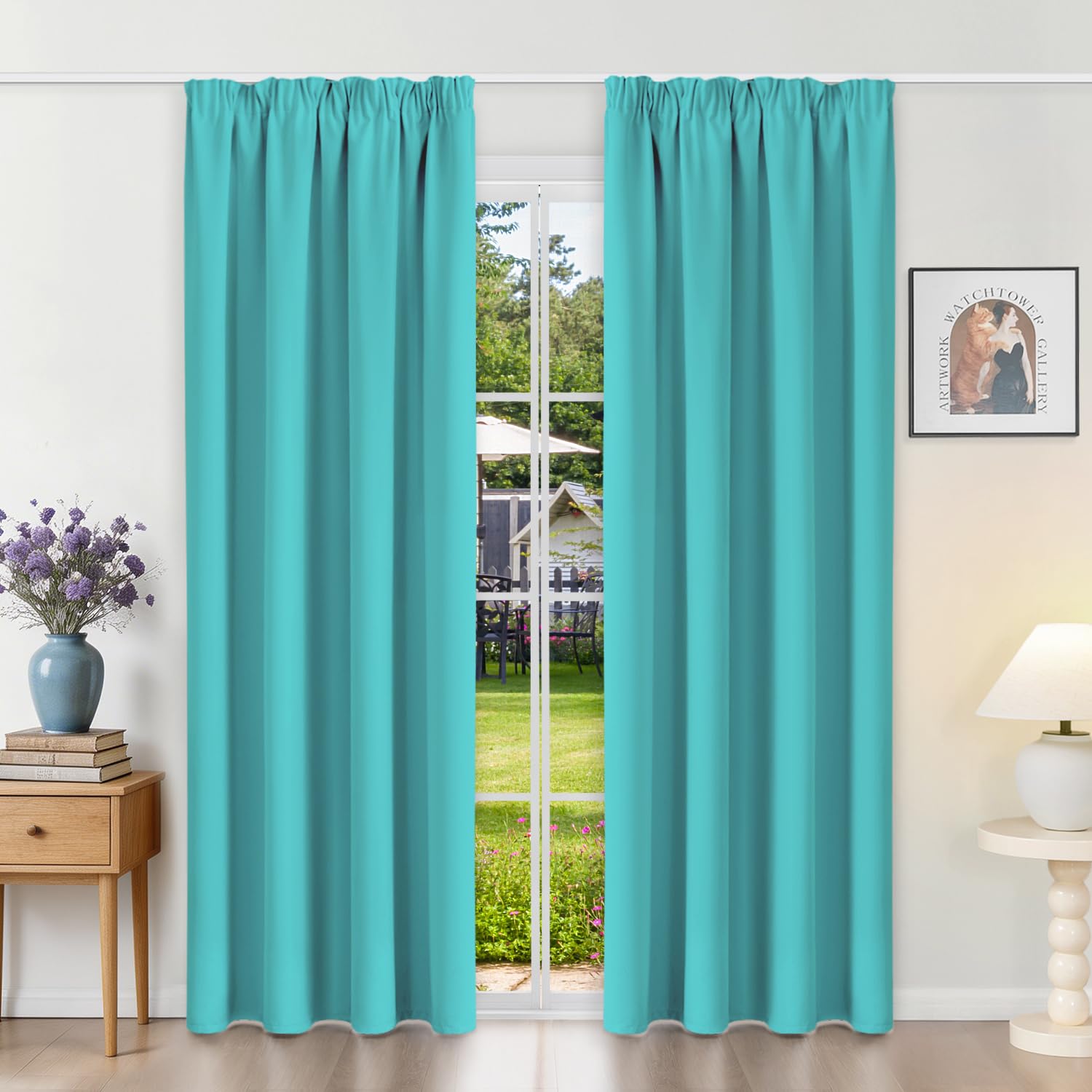 Runyéla Pencil Pleat Blackout Curtains for Bedroom Thermal Curtain 52 x 84 Inch Drop Living Room Kitchen 2 Panels Turquoise — image 1