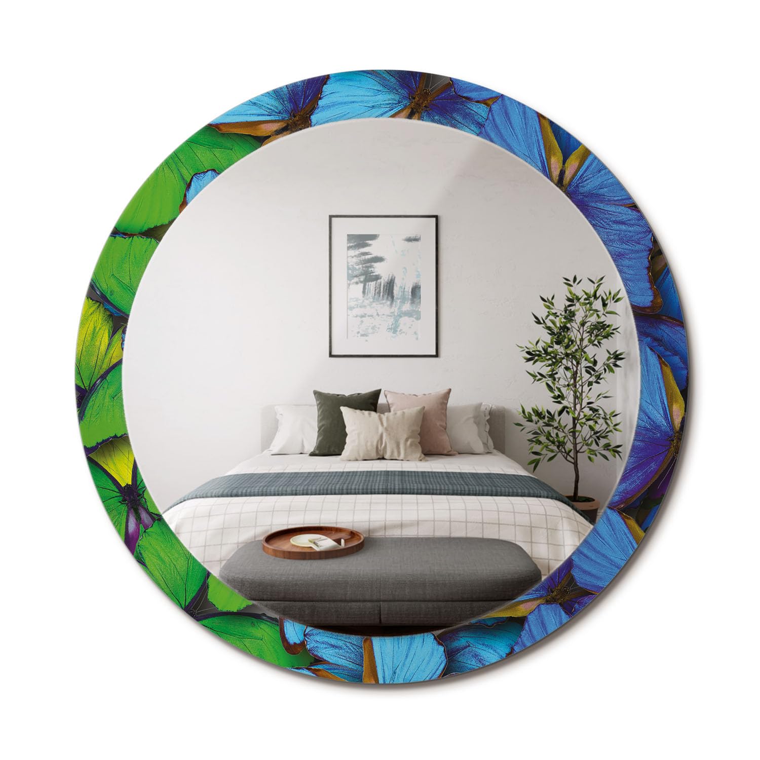Miroir rond design minimaliste fi90 cadre en verre imprimé papillon bleu vert déco murale salon